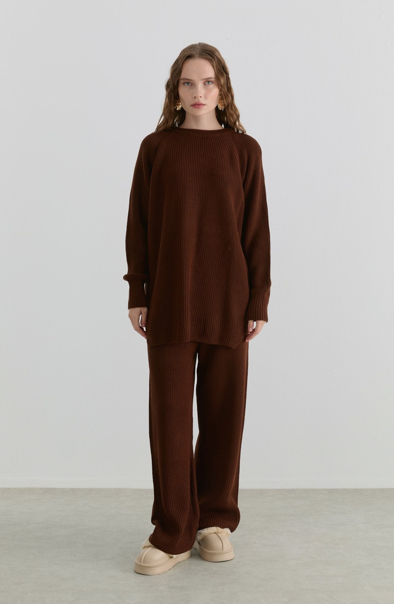 Basic Fitilli Kahverengi Triko İkili Takım - Fatma Atasoy