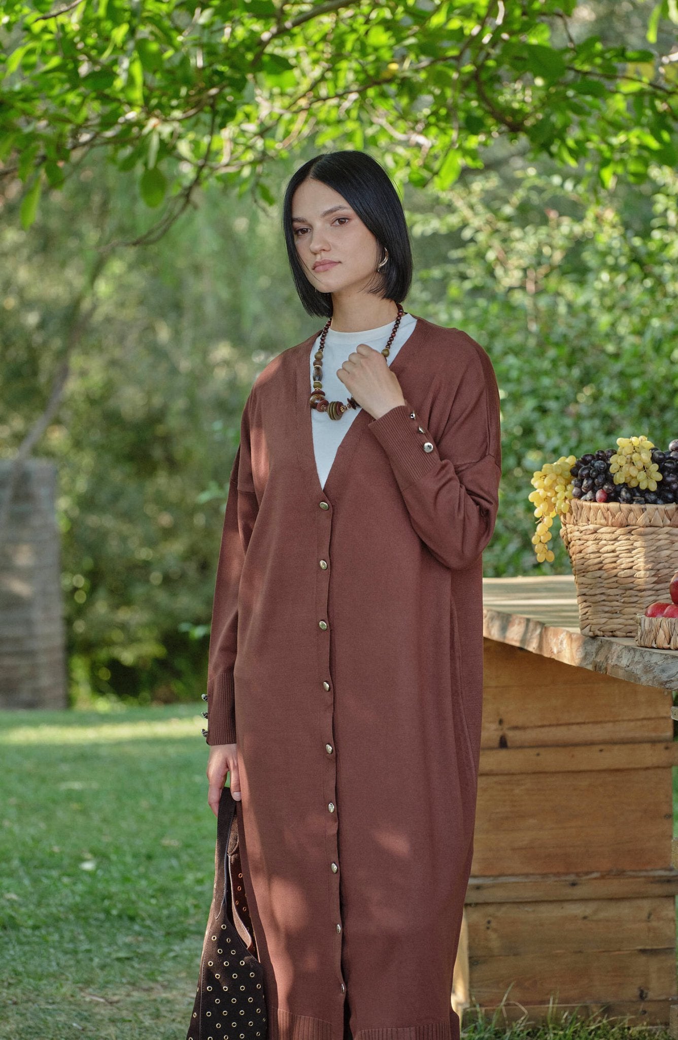 Basic Maksi Kahverengi Merserize Triko Hırka - Fatma Atasoy