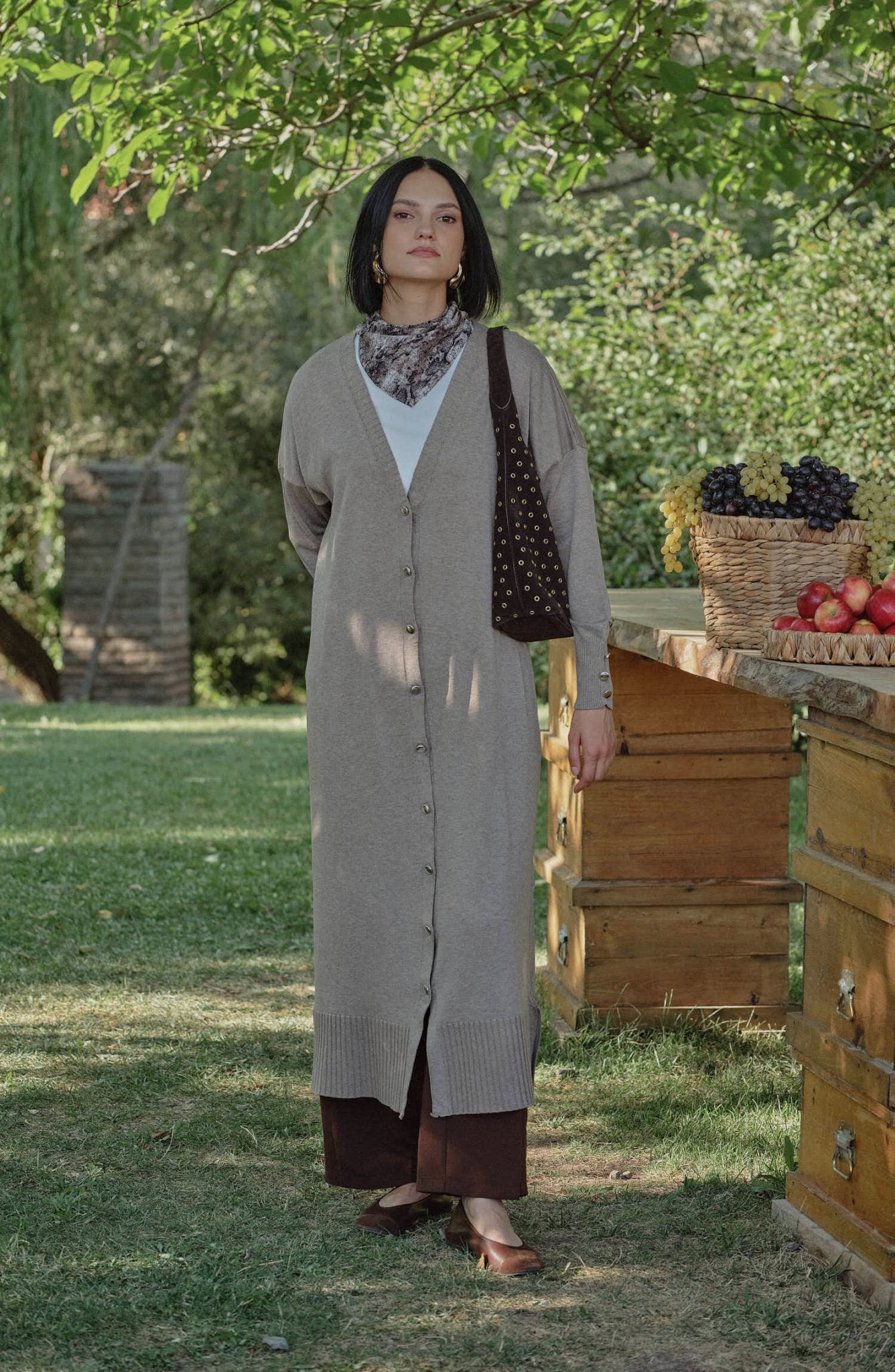 Basic Maksi Sütlü Kahve Merserize Triko Hırka - Fatma Atasoy