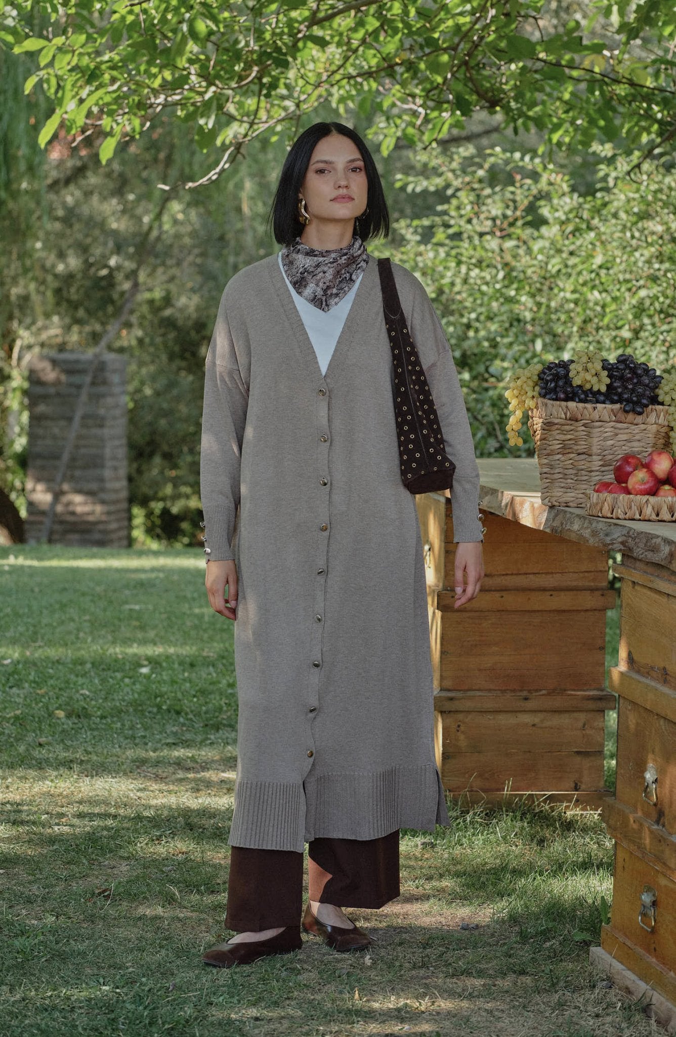 Basic Maksi Sütlü Kahve Merserize Triko Hırka - Fatma Atasoy