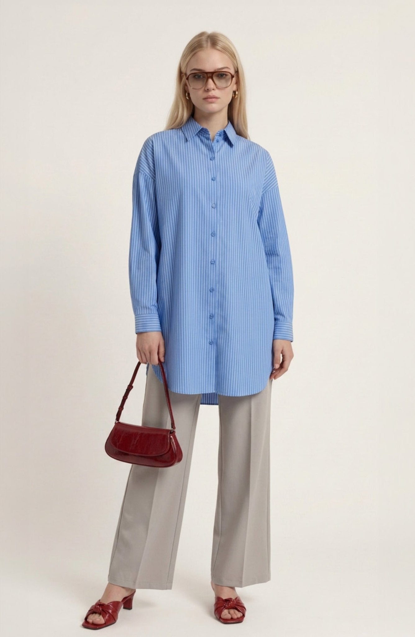 Basic Mavi Çizgili Oversize Pamuk Gömlek - Fatma Atasoy