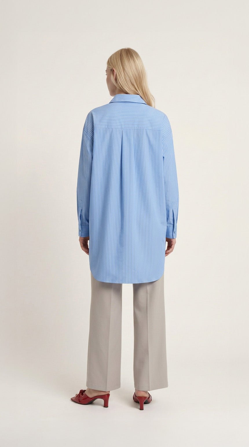Basic Mavi Çizgili Oversize Pamuk Gömlek - Fatma Atasoy