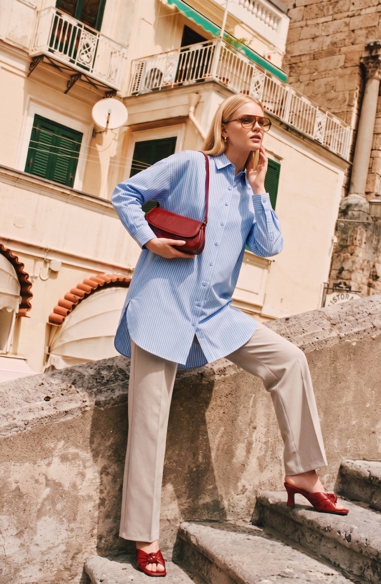 Basic Mavi Çizgili Oversize Pamuk Gömlek - Fatma Atasoy