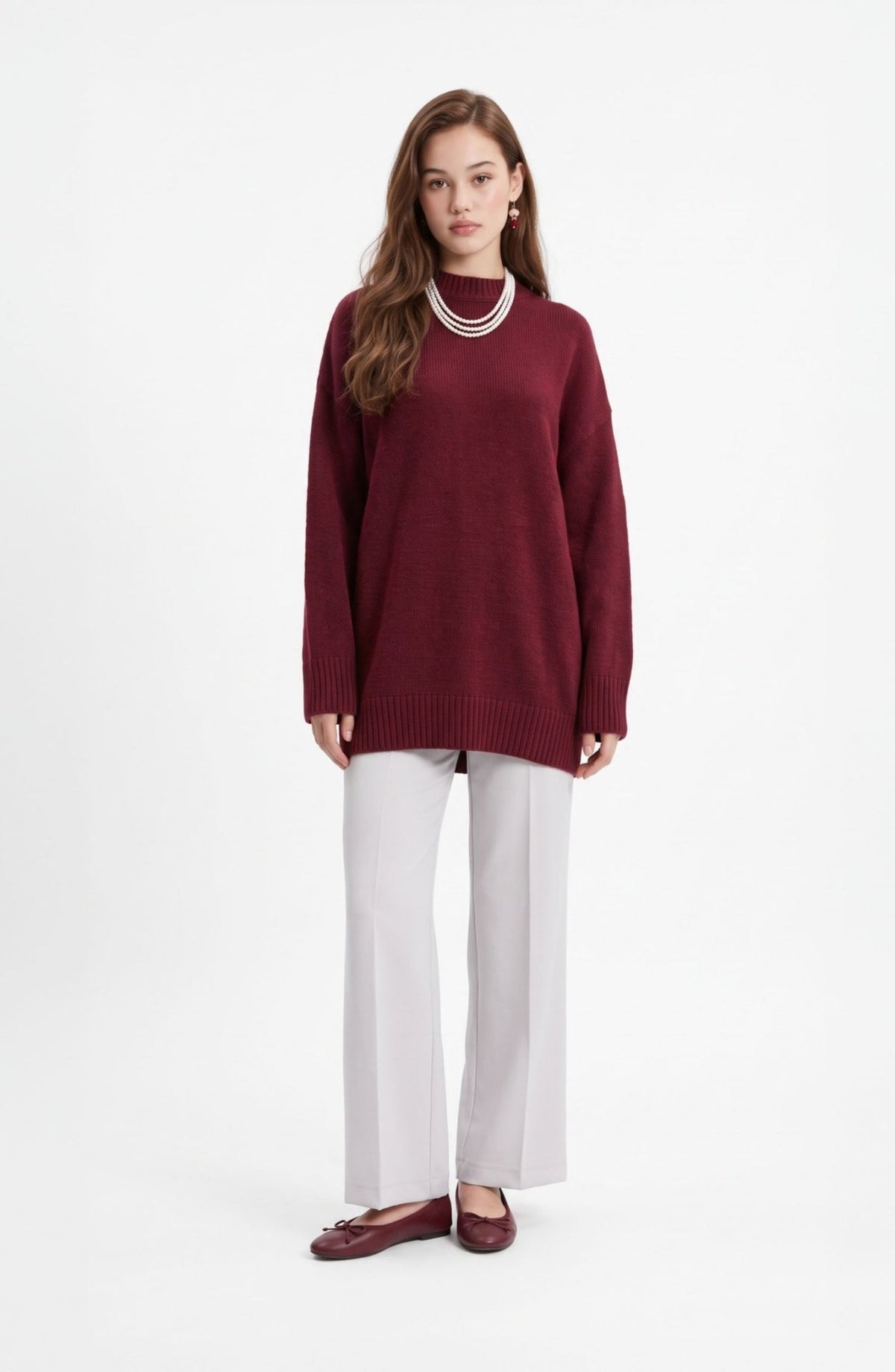 Basic Oversize Triko Bordo Kazak - Fatma Atasoy