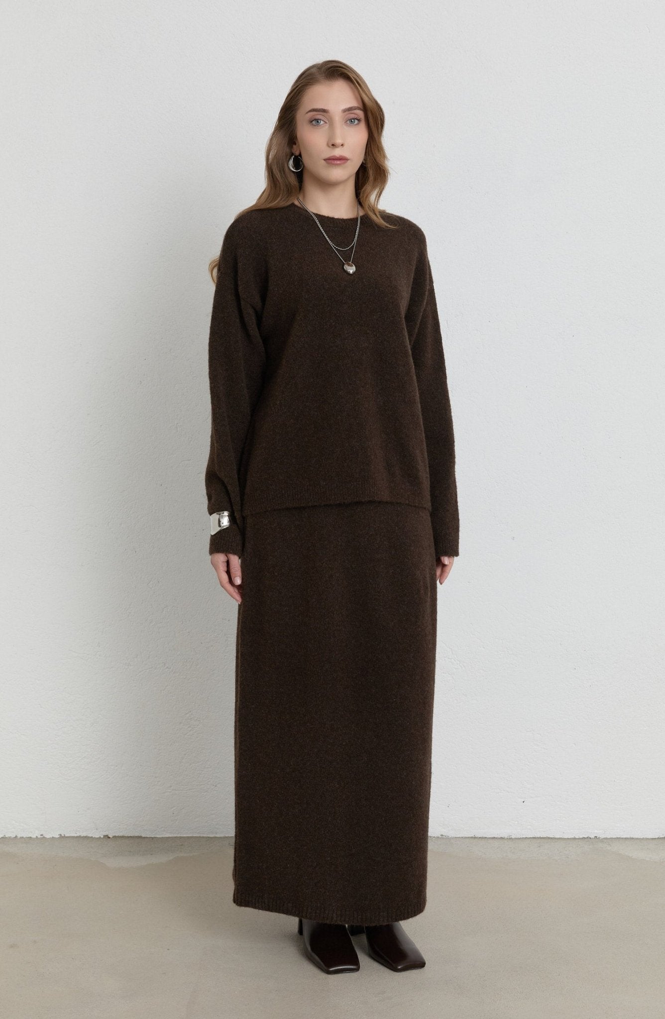 Basic Pufik Acı Kahve Triko Etekli İkili Takım - Fatma Atasoy