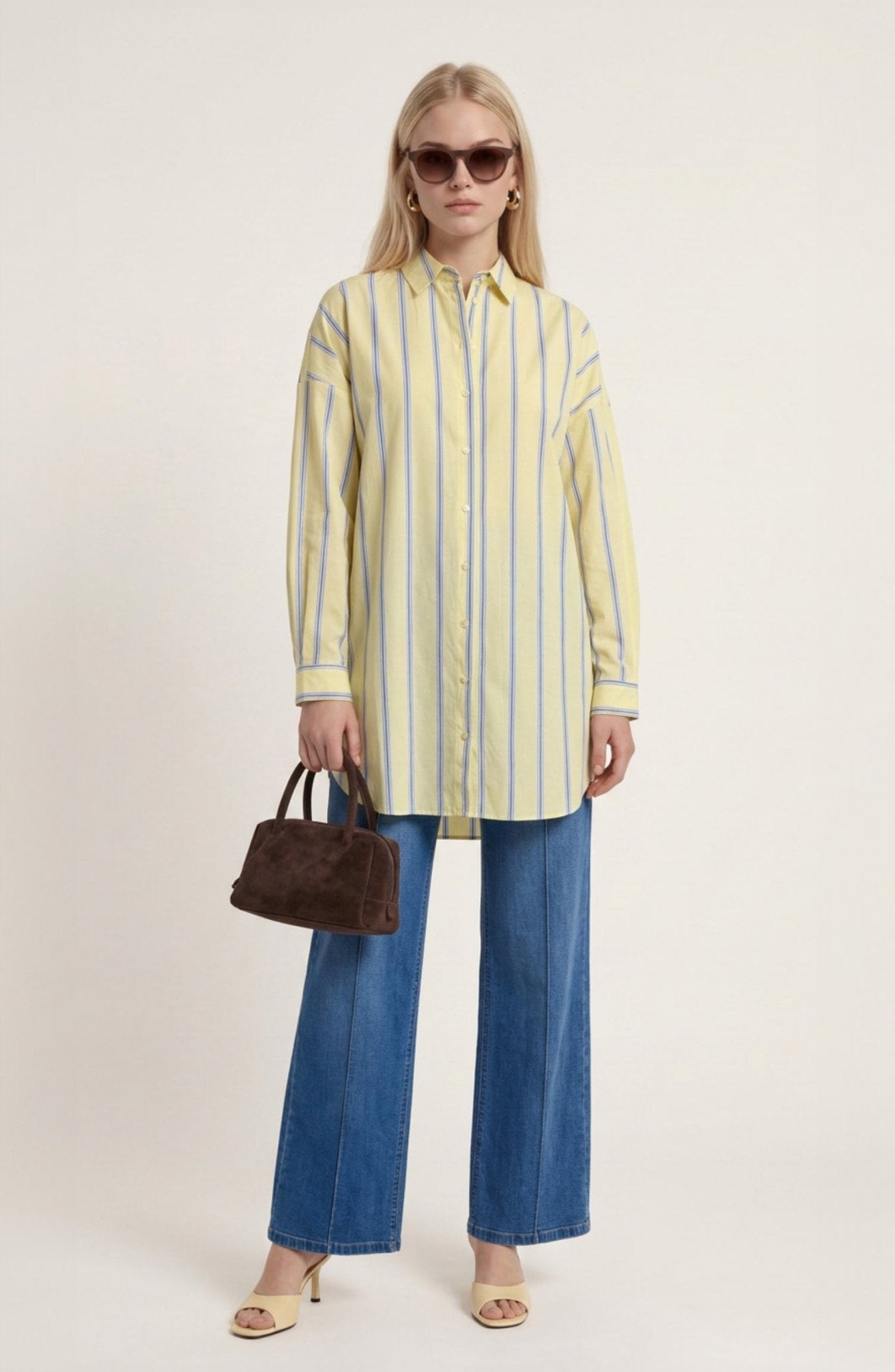 Basic Sarı Çizgili Oversize Pamuk Gömlek - Fatma Atasoy