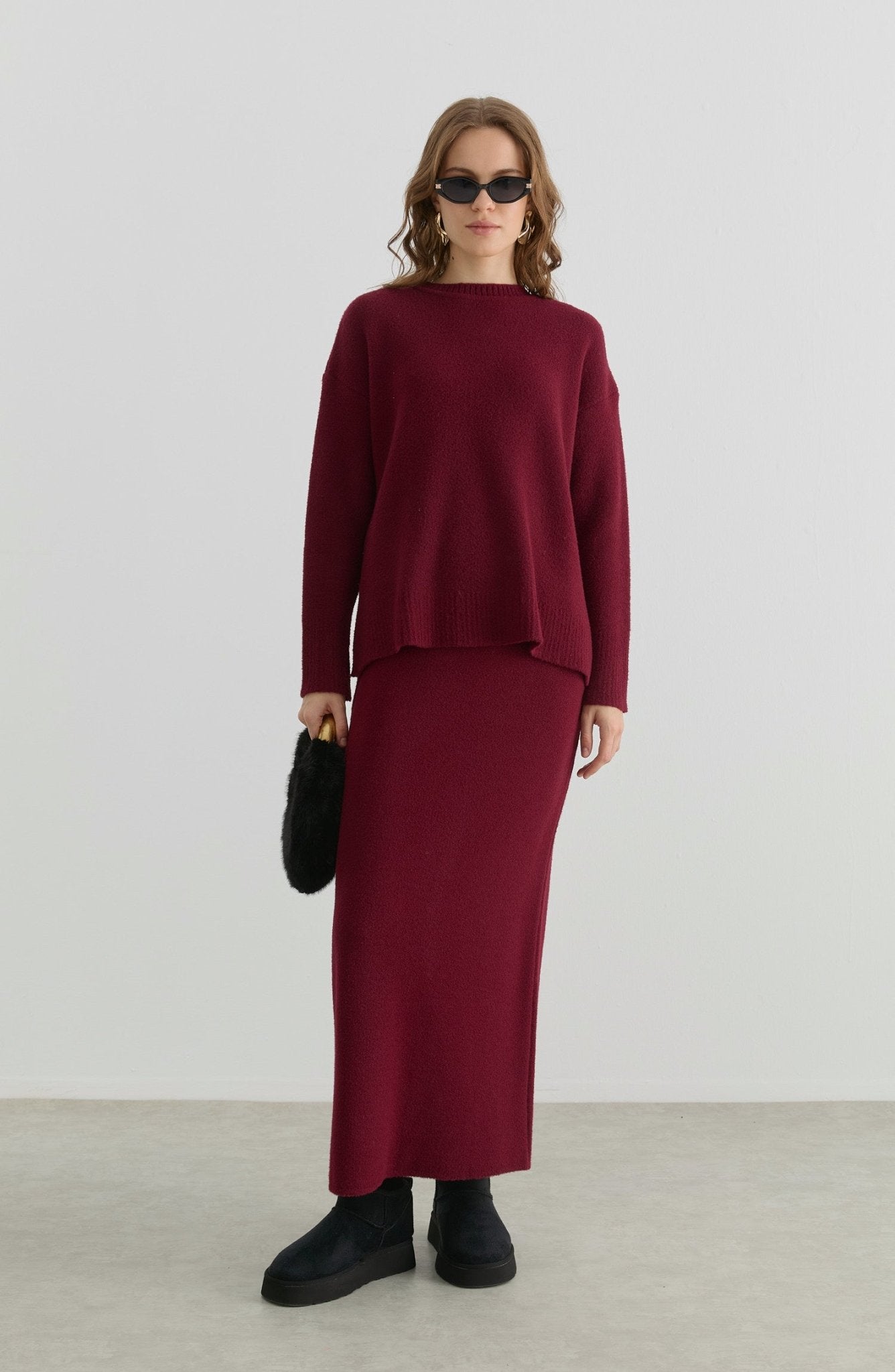 Basic Yumoş Bordo Triko Etekli İkili Takım - Fatma Atasoy