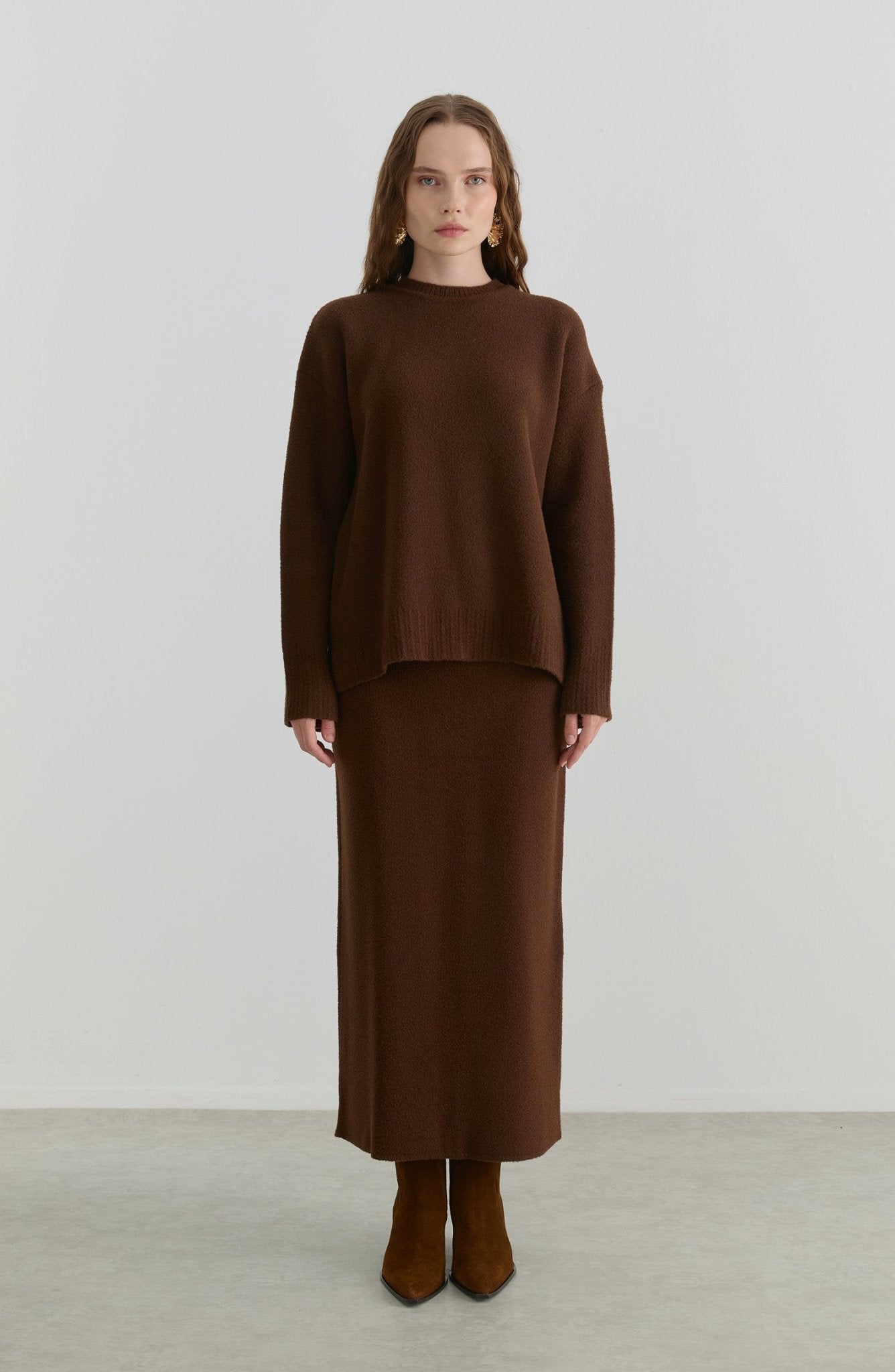 Basic Yumoş Kahverengi Triko Etekli İkili Takım - Fatma Atasoy