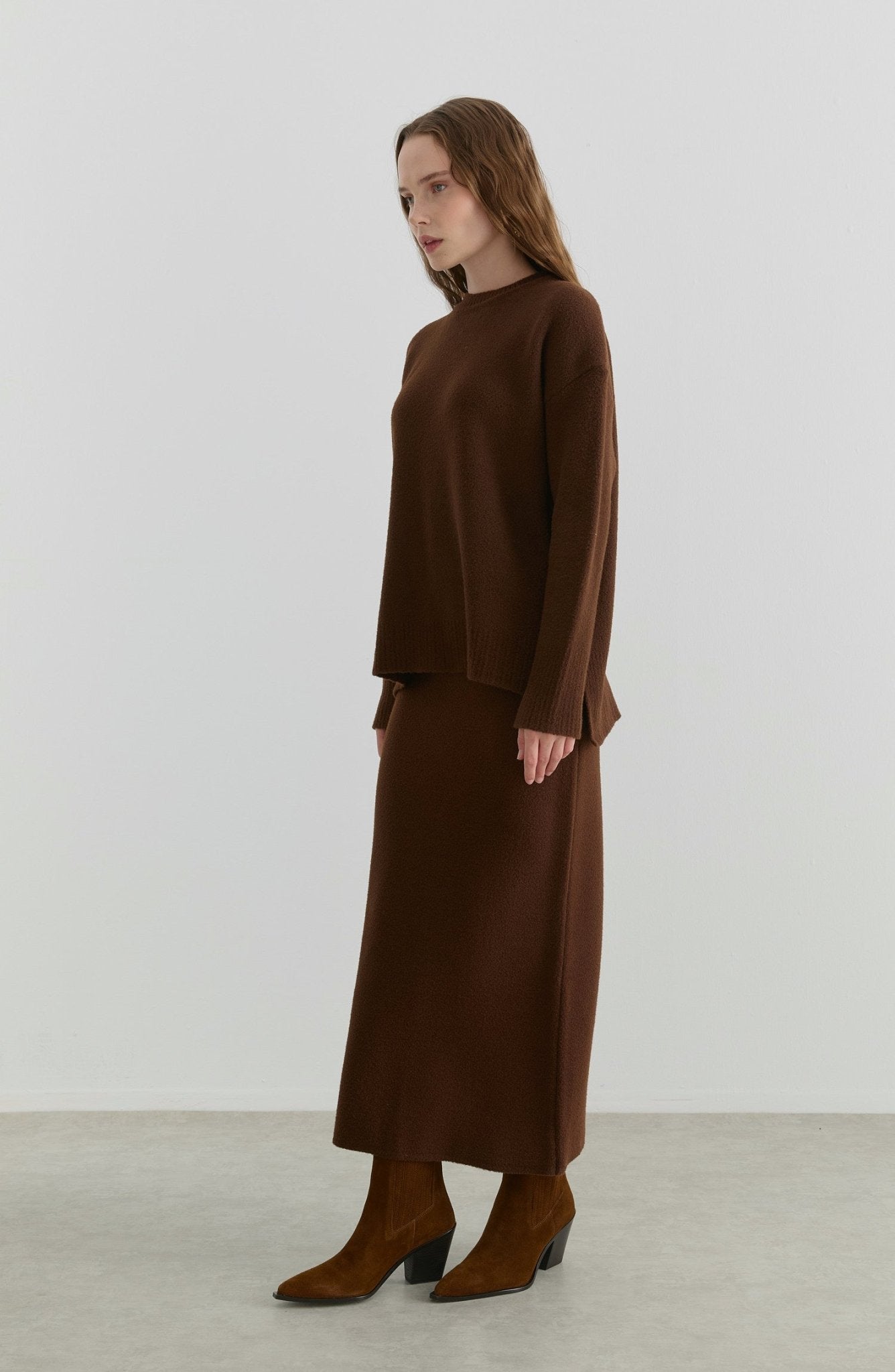 Basic Yumoş Kahverengi Triko Etekli İkili Takım - Fatma Atasoy