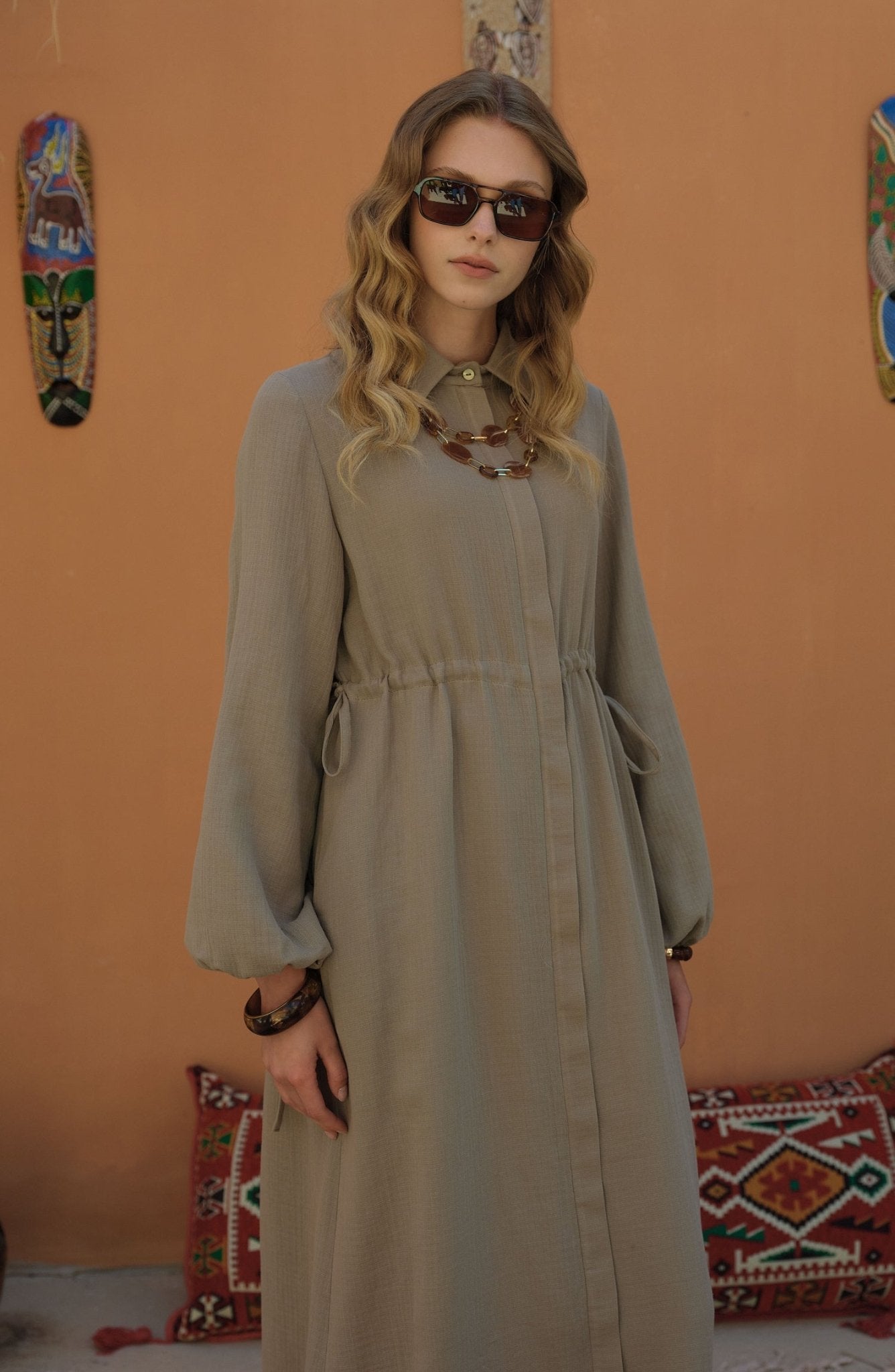 Bel Büzgülü Müslin Vizon Ferace Elbise - Fatma Atasoy