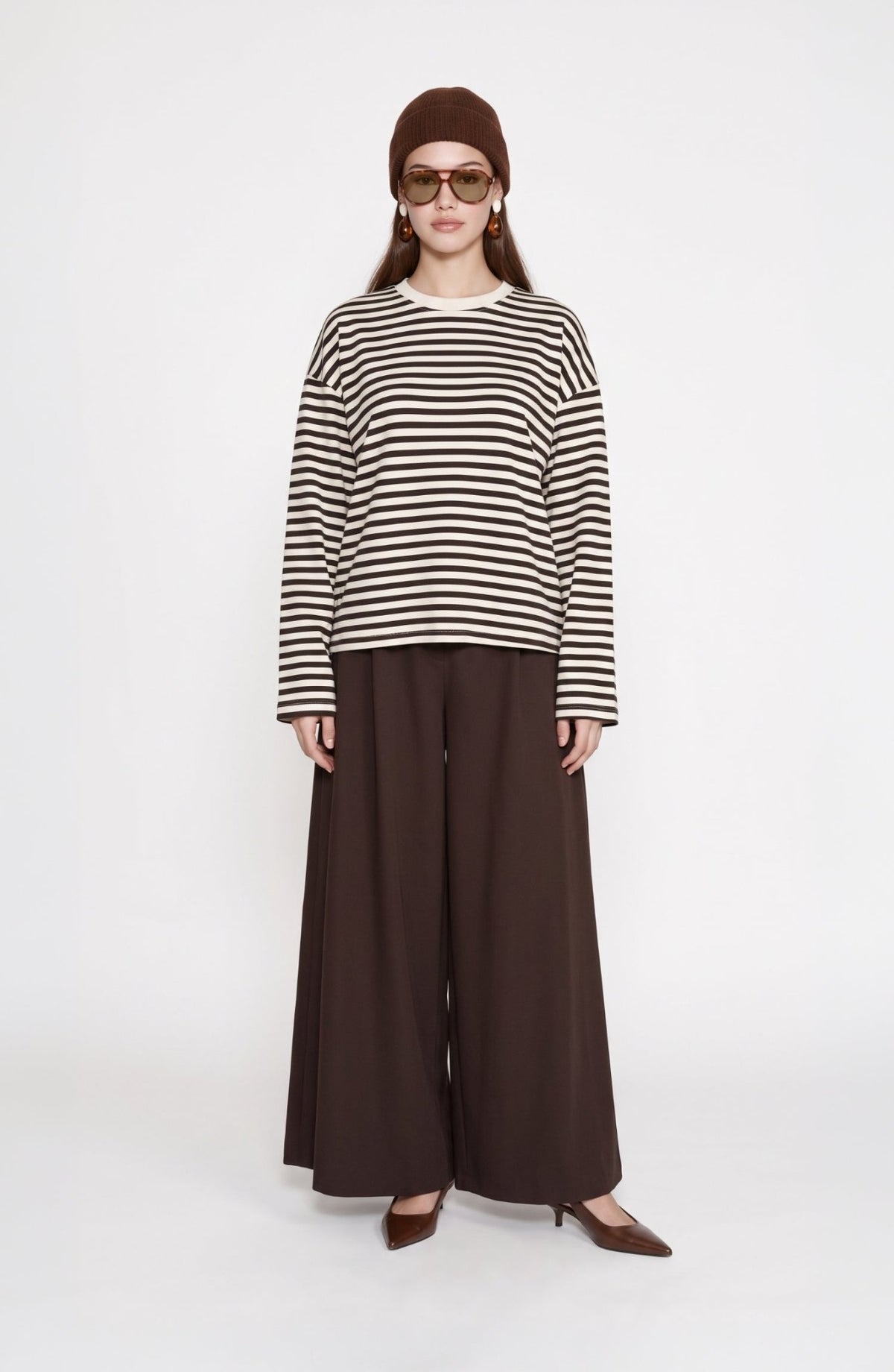 Bisiklet Yaka Kahverengi Modal Çizgili Sweatshirt - Fatma Atasoy
