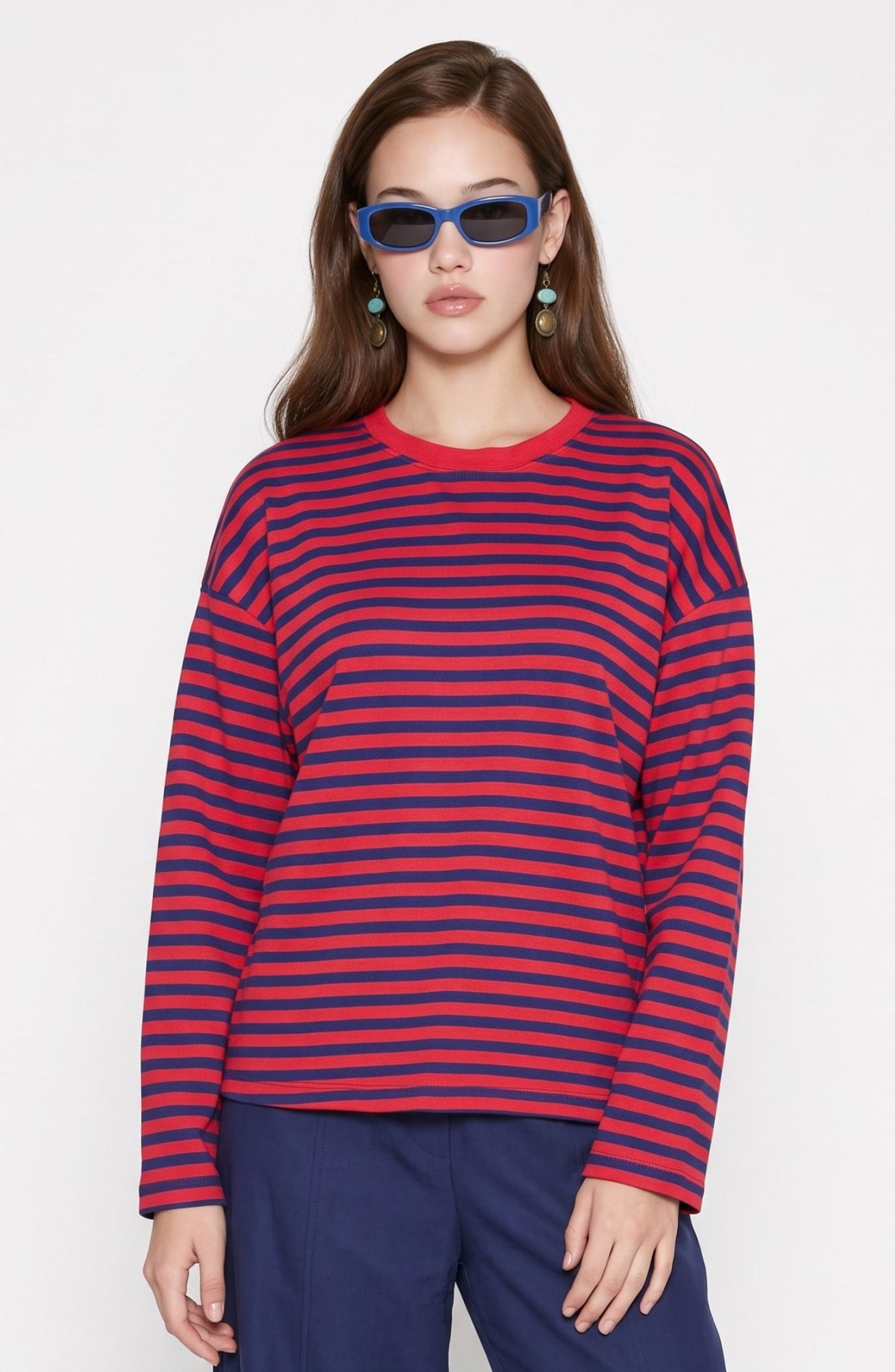Bisiklet Yaka Kırmızı Modal Çizgili Sweatshirt - Fatma Atasoy
