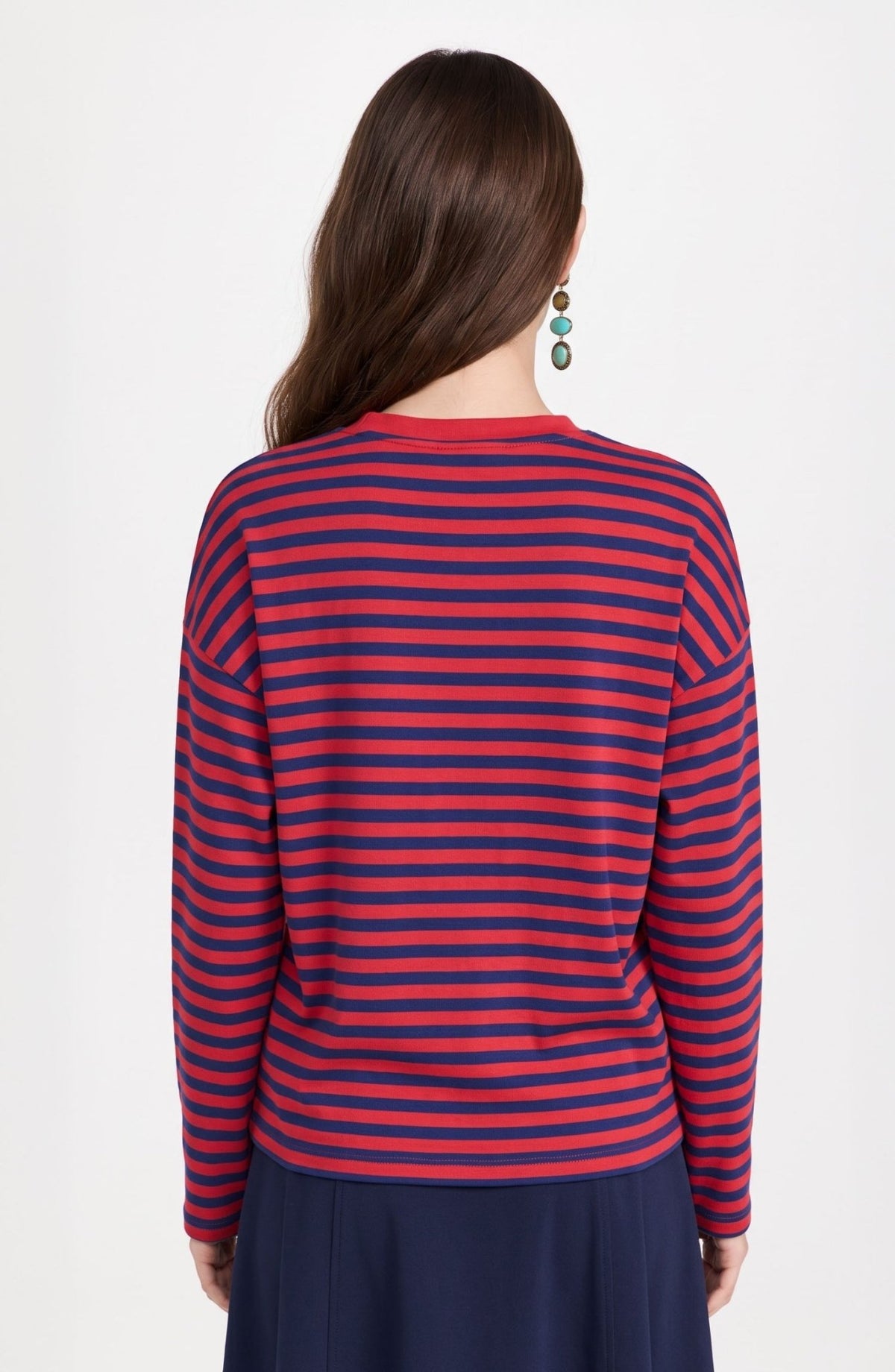 Bisiklet Yaka Kırmızı Modal Çizgili Sweatshirt - Fatma Atasoy