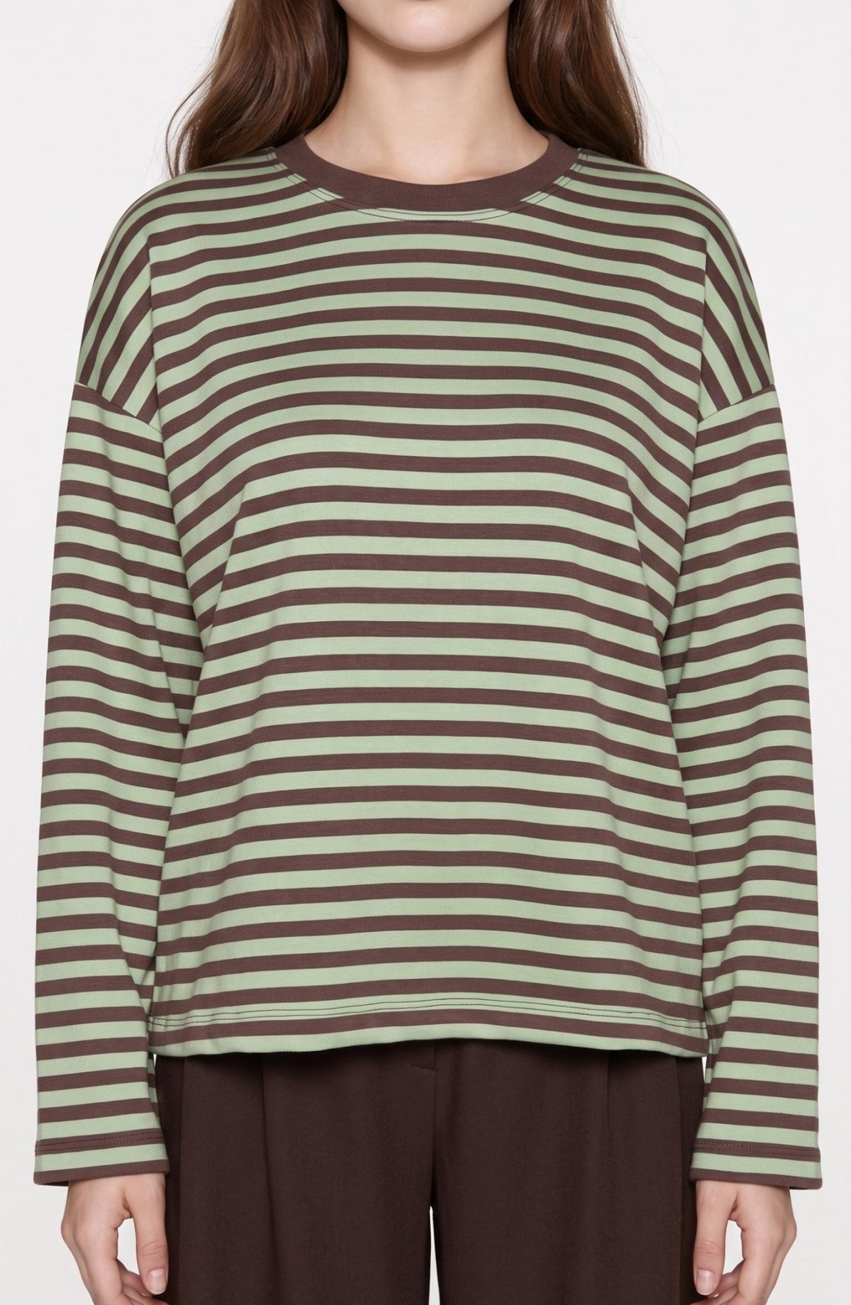 Bisiklet Yaka Yeşil Modal Çizgili Sweatshirt - Fatma Atasoy