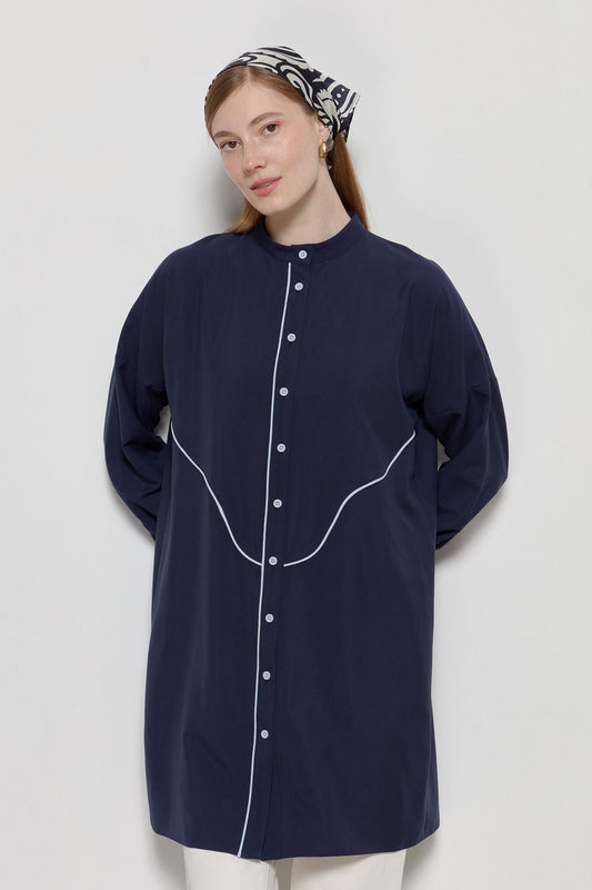 Biyeli Oversize Gömlek Lacivert - Fatma Atasoy