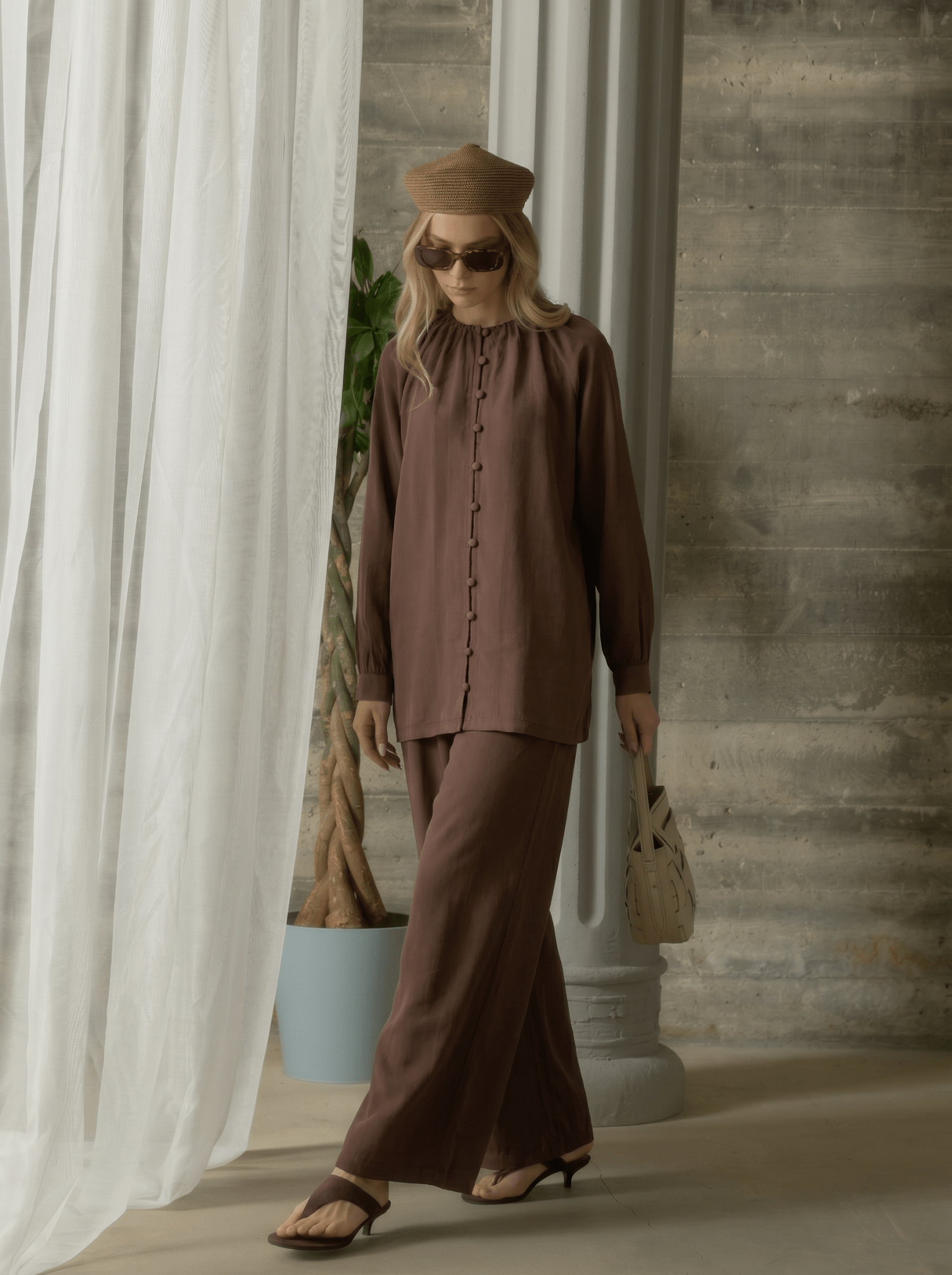 Brit Düğmeli Büzgülü Acı Kahve Soft Touch Tensel İkili Takım - Fatma Atasoy