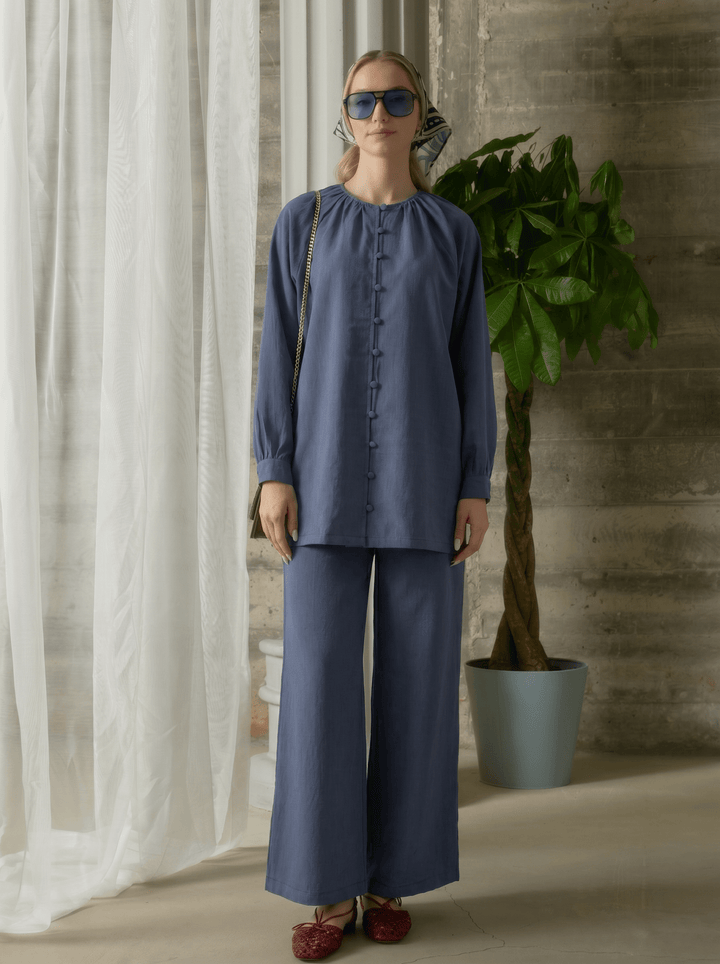 Brit Düğmeli Büzgülü Lacivert Soft Touch Tensel İkili Takım - Fatma Atasoy