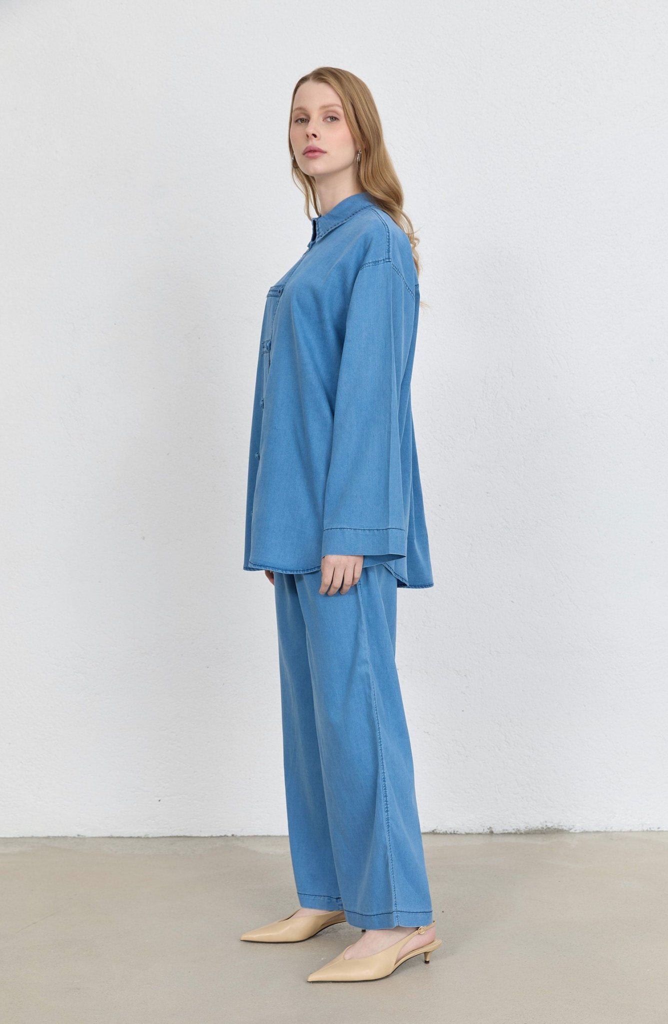 Brit Düğmeli Buz Mavi Soft Touch Pamuk Kot İkili Takım - Fatma Atasoy