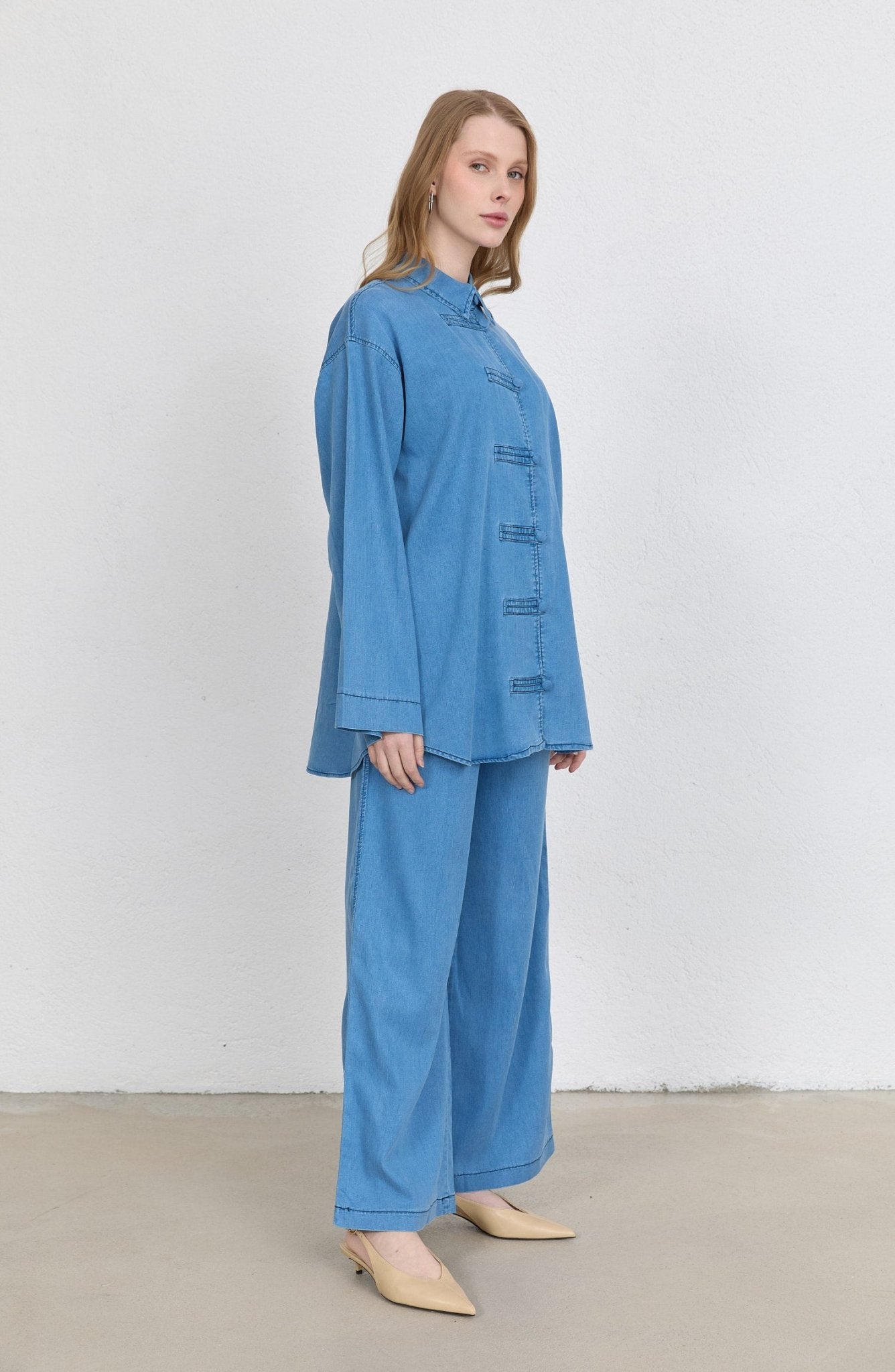 Brit Düğmeli Buz Mavi Soft Touch Pamuk Kot İkili Takım - Fatma Atasoy