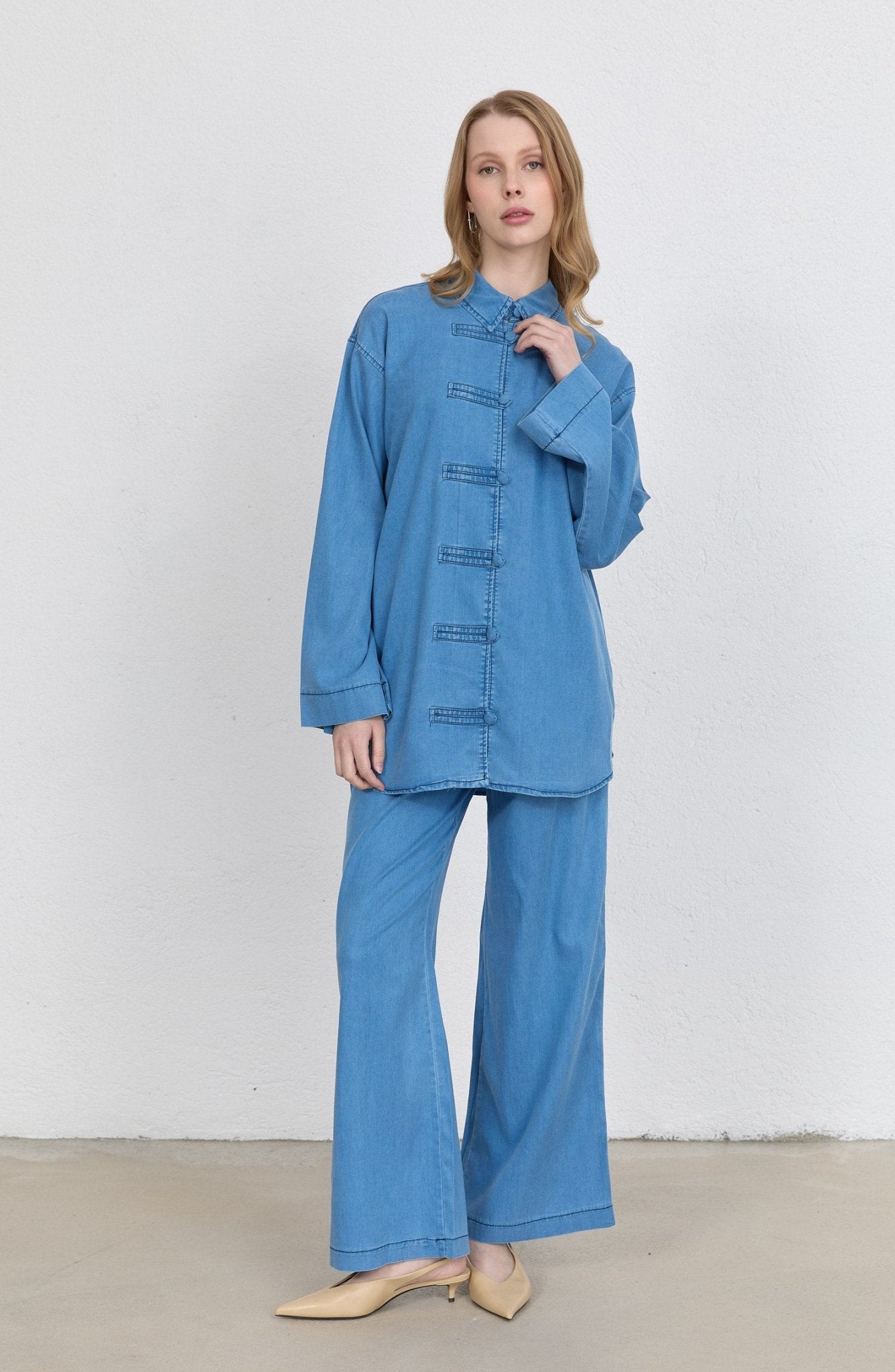 Brit Düğmeli Buz Mavi Soft Touch Pamuk Kot İkili Takım - Fatma Atasoy