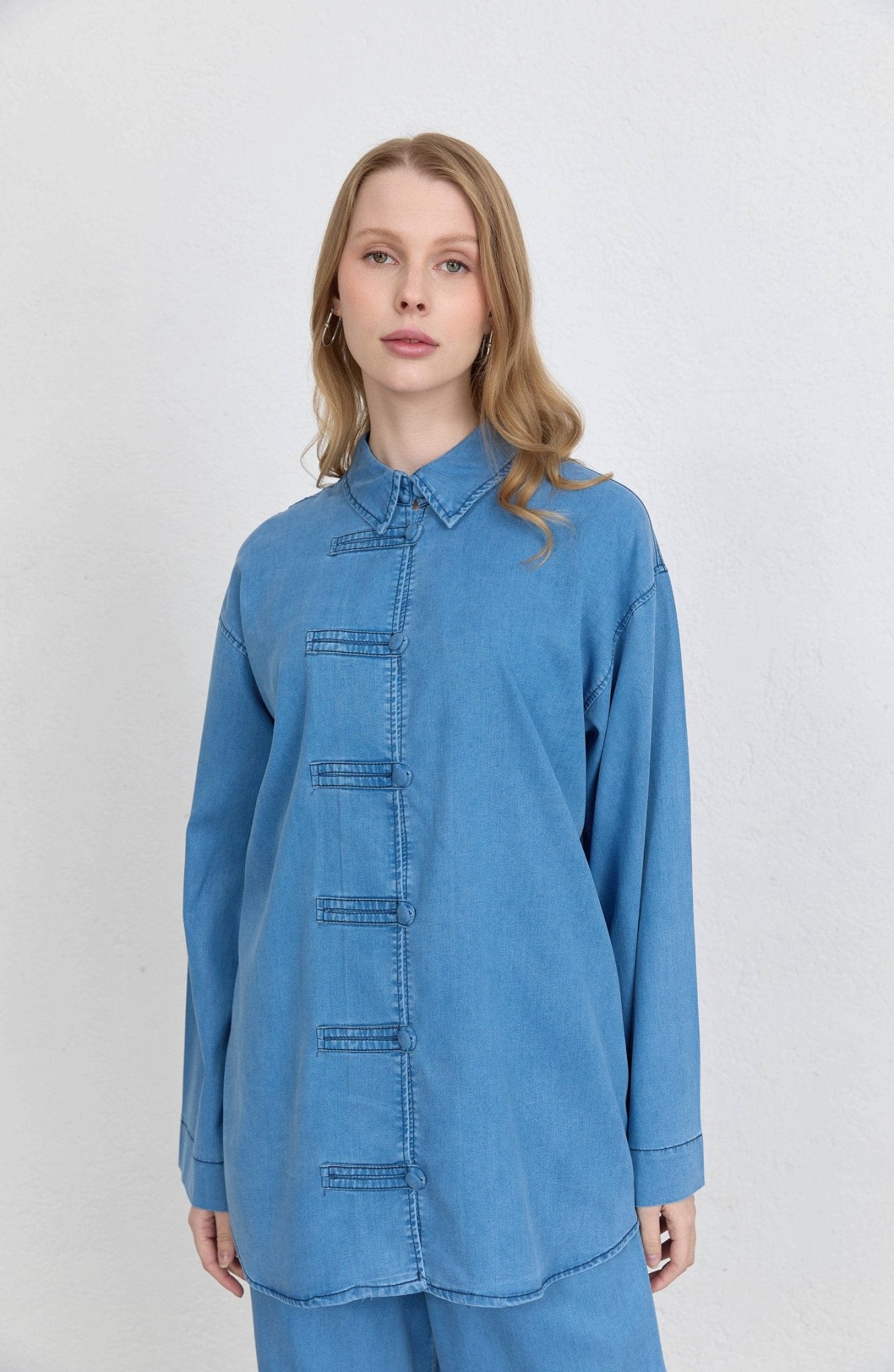 Brit Düğmeli Buz Mavi Soft Touch Pamuk Kot İkili Takım - Fatma Atasoy