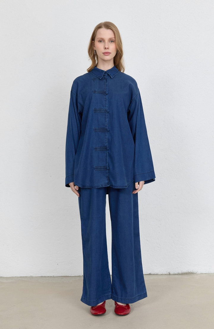 Brit Düğmeli Lacivert Soft Touch Pamuk Kot İkili Takım - Fatma Atasoy