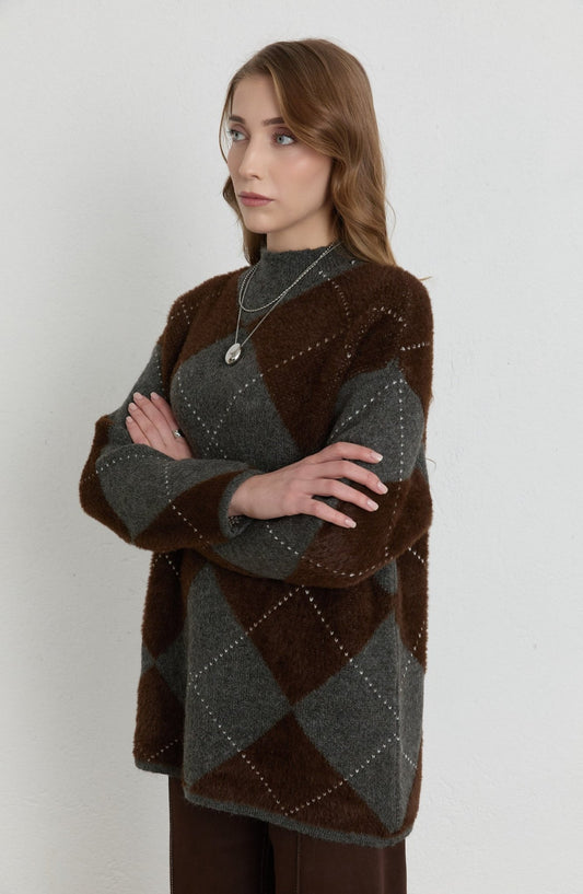 Büyük Baklava Desen Acı Kahve Gri Pufik Triko Kazak - Fatma Atasoy