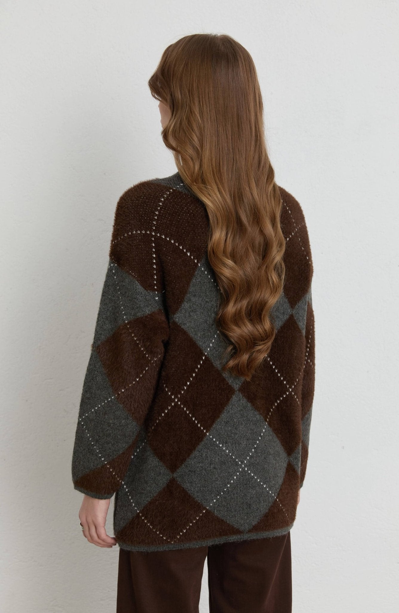 Büyük Baklava Desen Acı Kahve Gri Pufik Triko Kazak - Fatma Atasoy