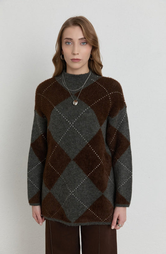 Büyük Baklava Desen Acı Kahve Gri Pufik Triko Kazak - Fatma Atasoy