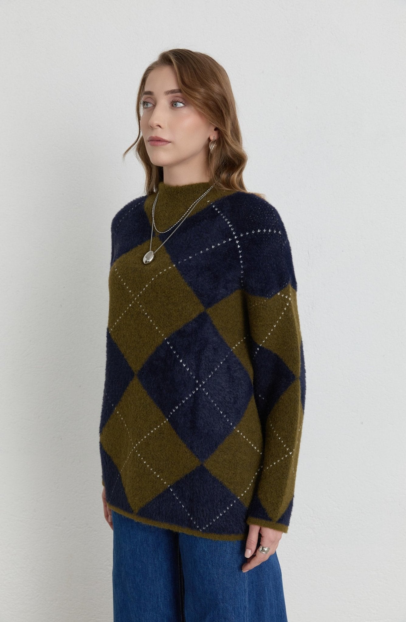 Büyük Baklava Desen Lacivert Yağ Yeşili Pufik Triko Kazak - Fatma Atasoy