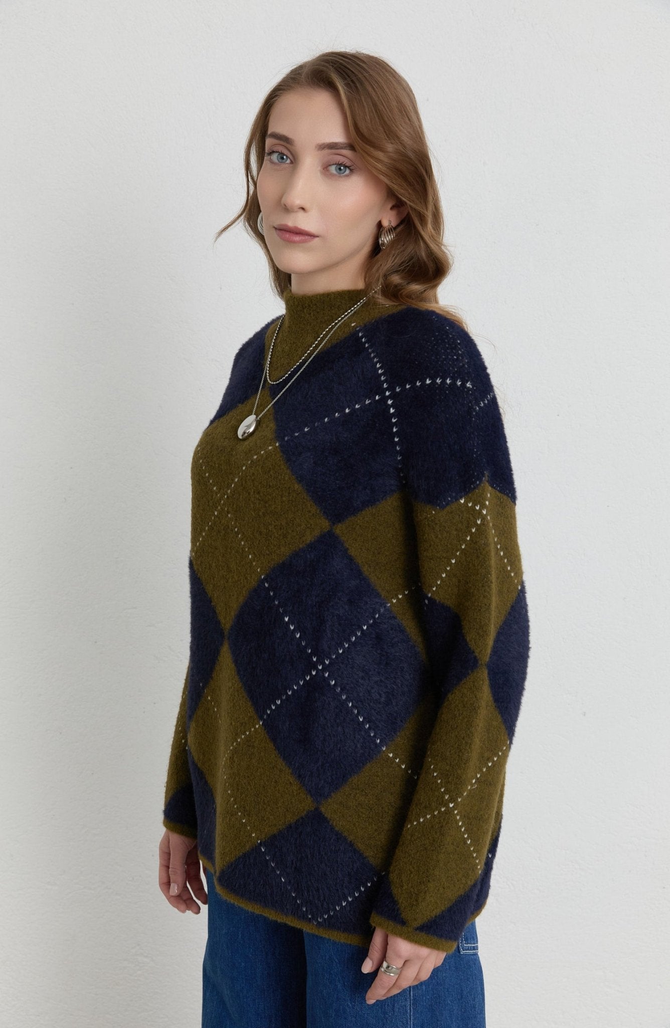 Büyük Baklava Desen Lacivert Yağ Yeşili Pufik Triko Kazak - Fatma Atasoy