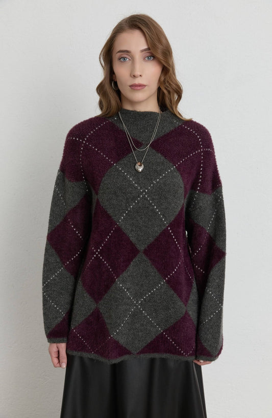 Büyük Baklava Desen Mürdüm Gri Pufik Triko Kazak - Fatma Atasoy