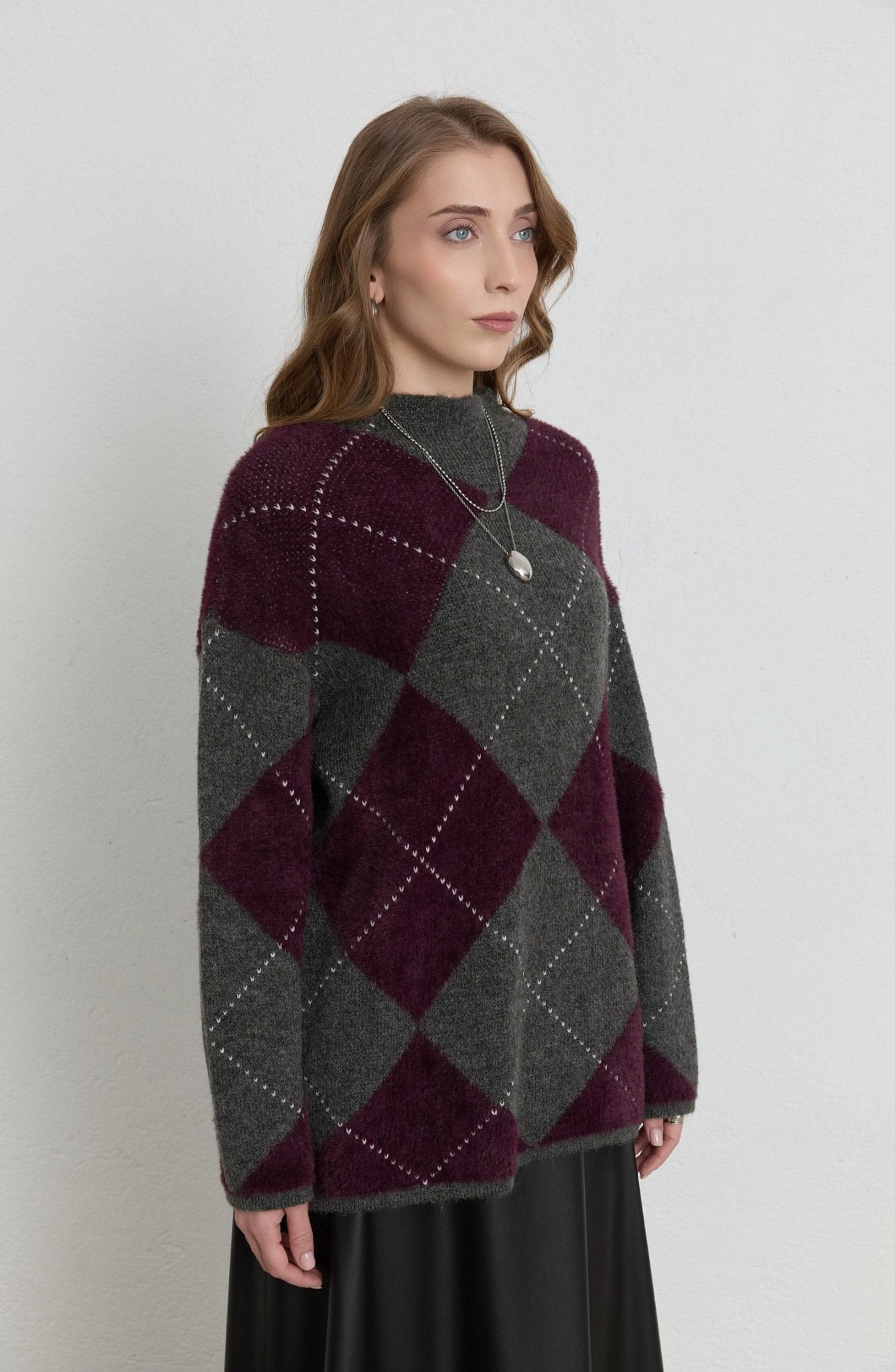 Büyük Baklava Desen Mürdüm Gri Pufik Triko Kazak - Fatma Atasoy