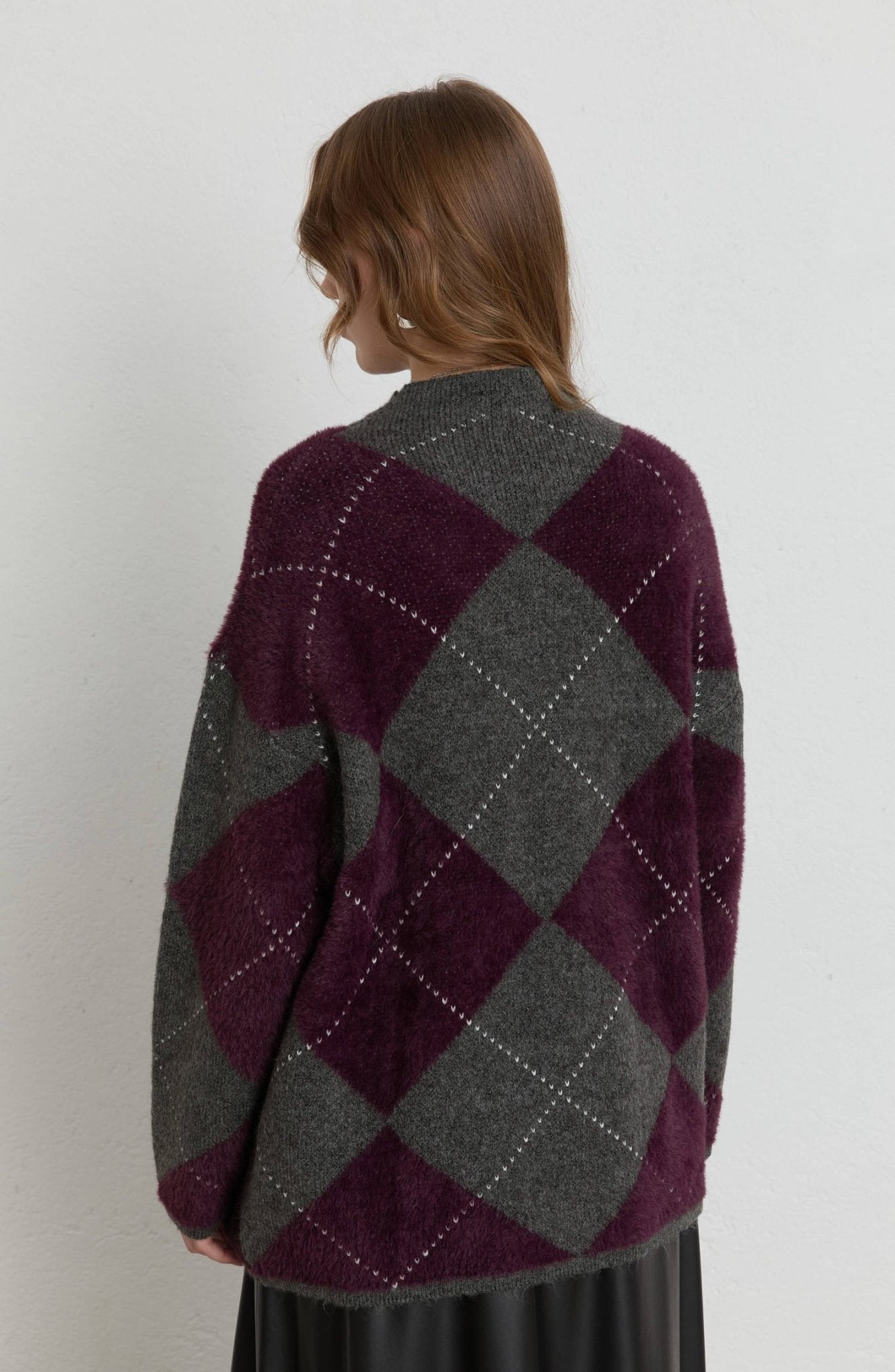 Büyük Baklava Desen Mürdüm Gri Pufik Triko Kazak - Fatma Atasoy