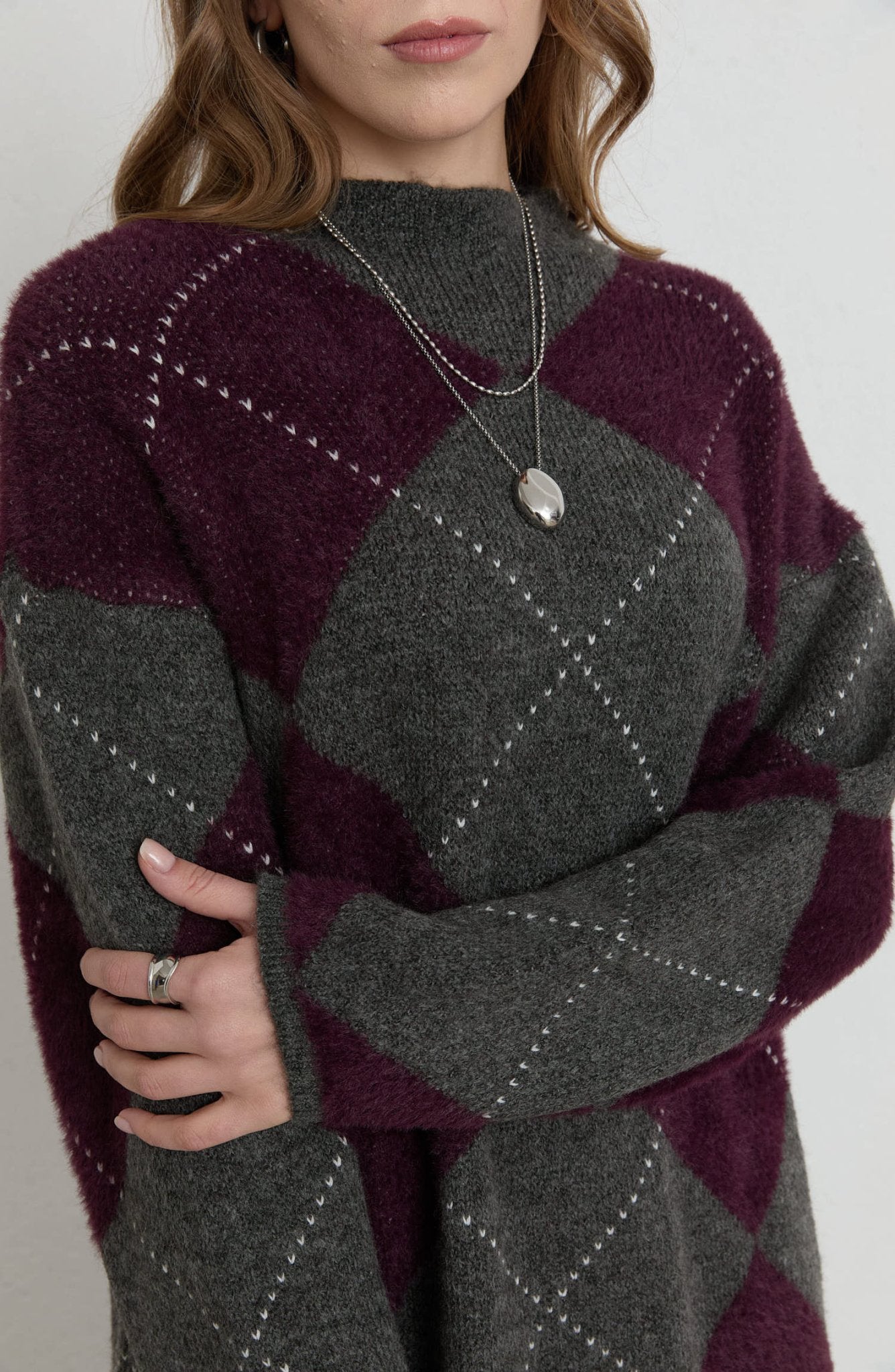 Büyük Baklava Desen Mürdüm Gri Pufik Triko Kazak - Fatma Atasoy