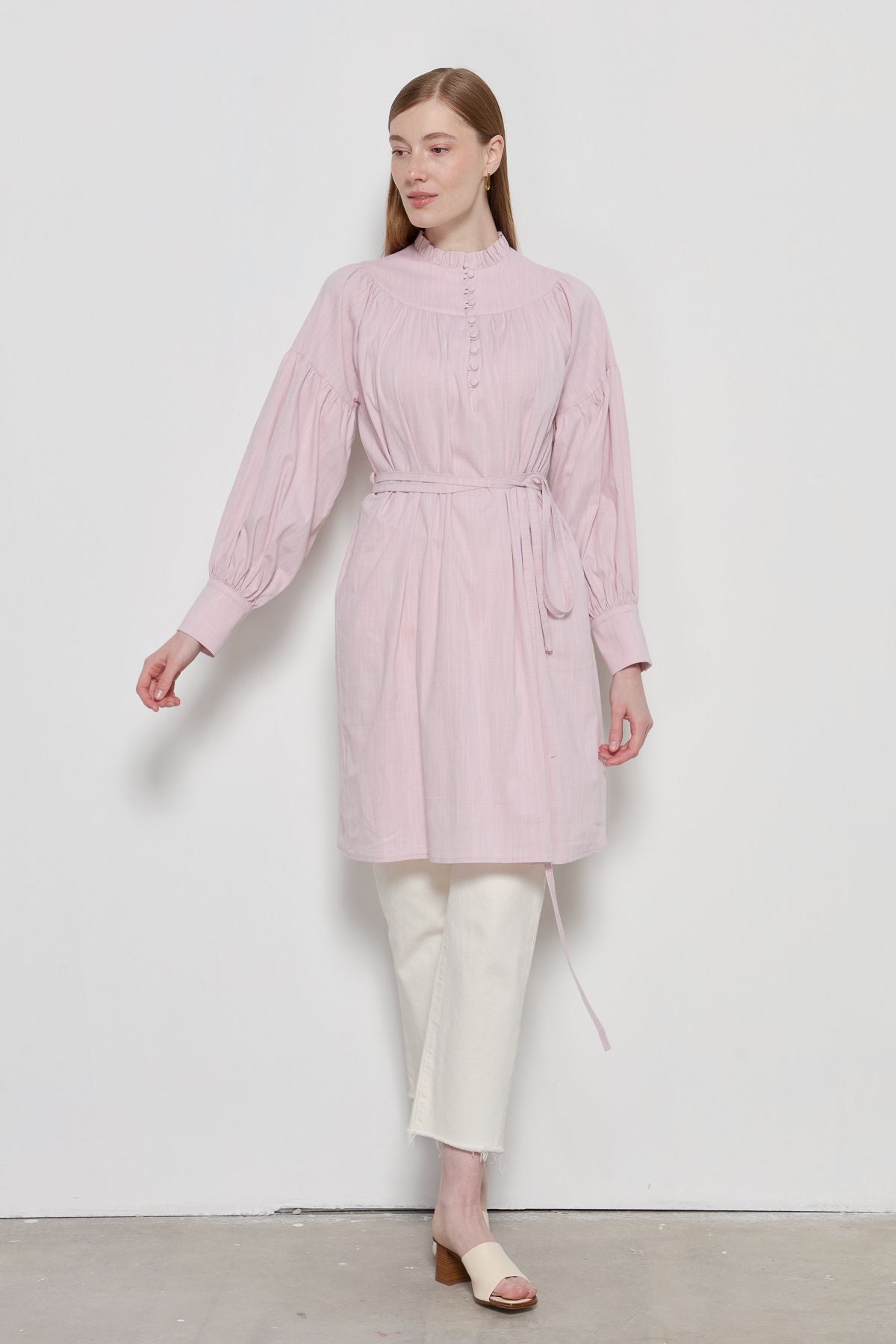 Büzgü Robalı Pamuk Gömlek Pudra - Fatma Atasoy