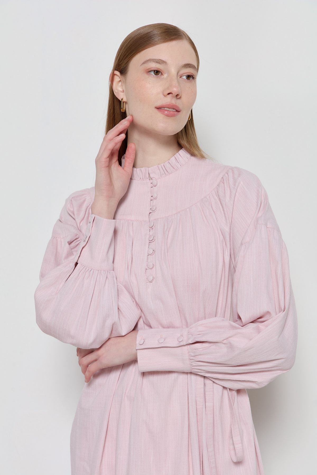 Büzgü Robalı Pamuk Gömlek Pudra - Fatma Atasoy