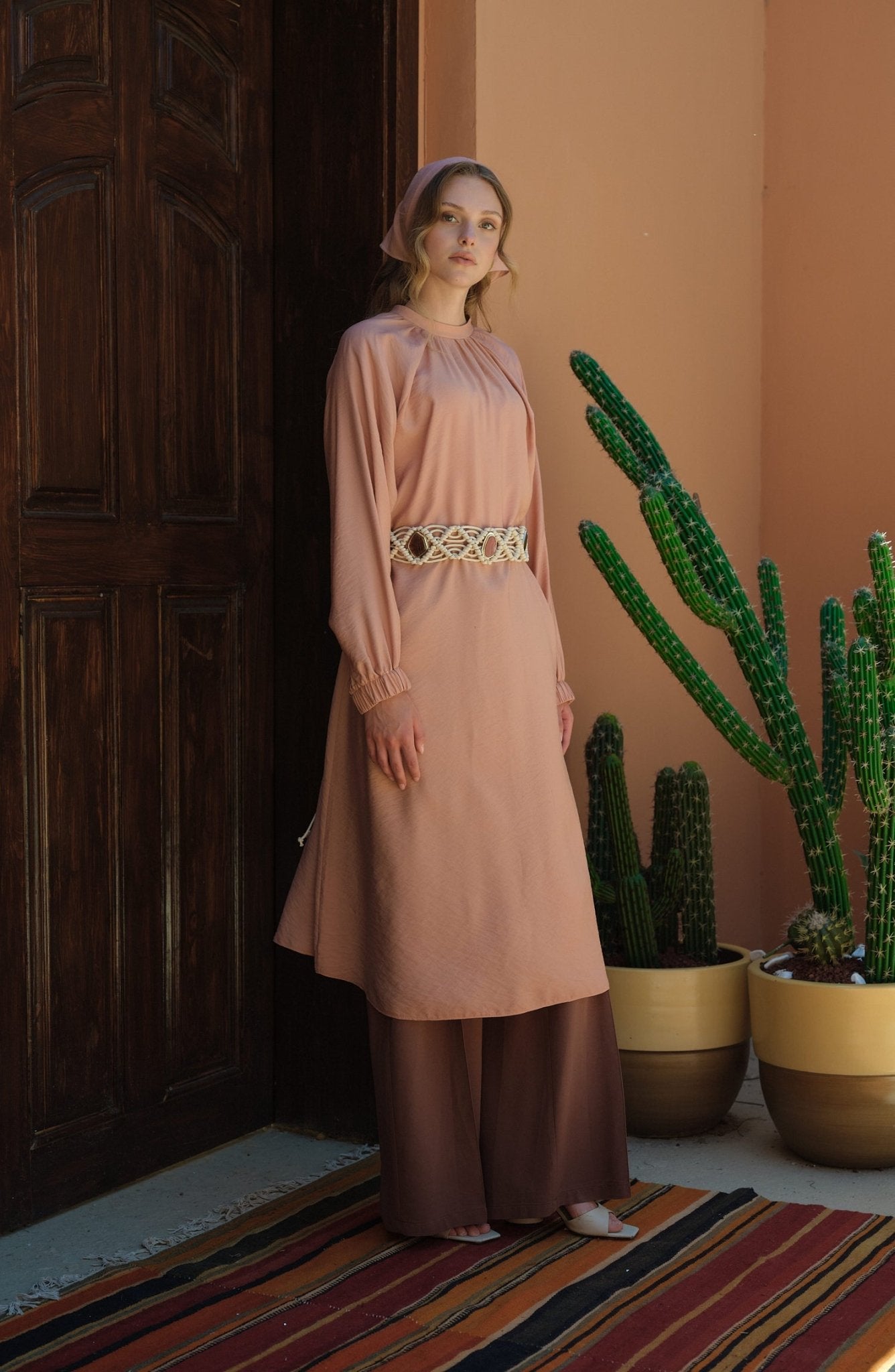 Büzgülü Bağlamalı Maksi Soft Pembe Tunik - Fatma Atasoy