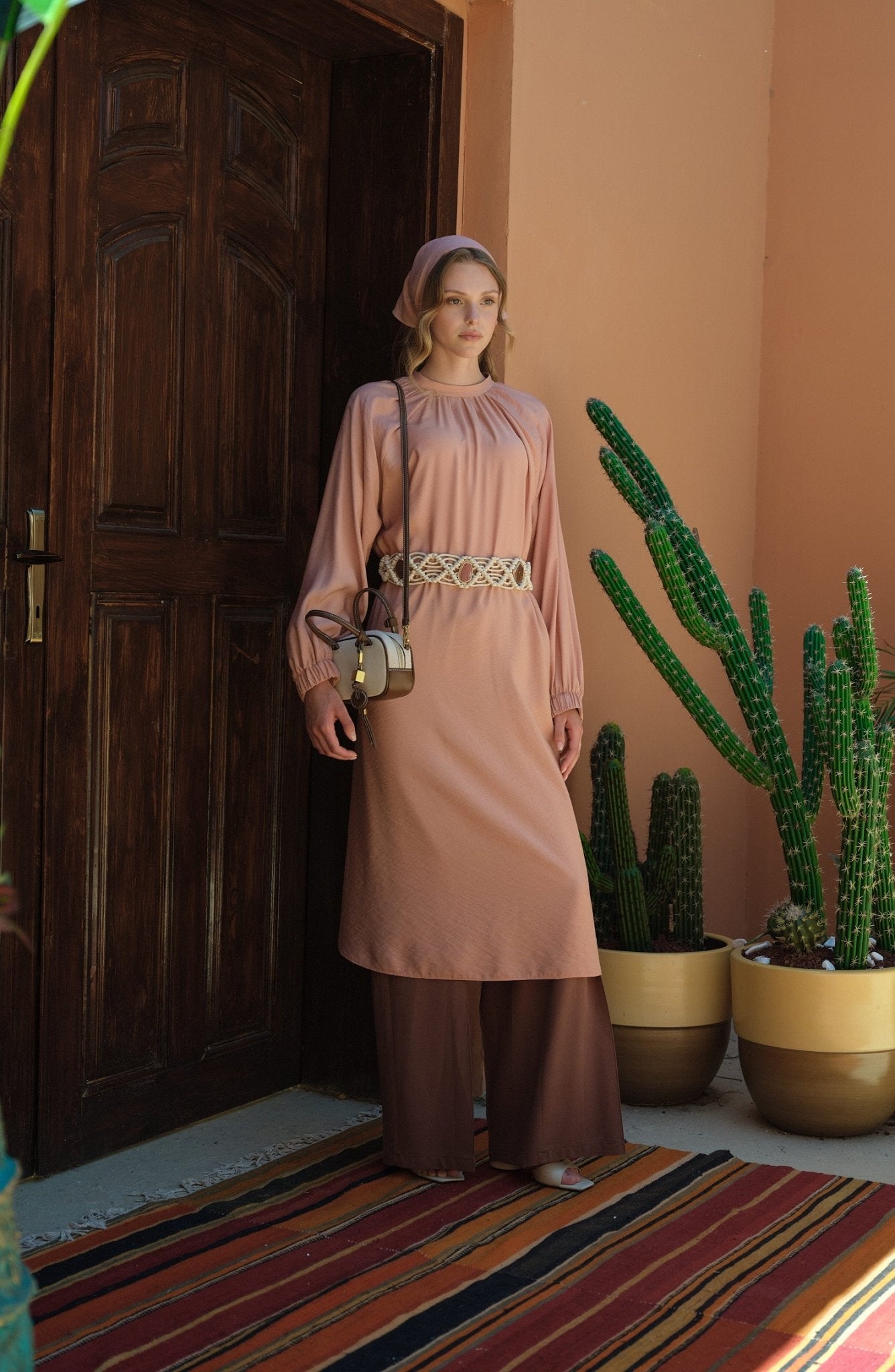 Büzgülü Bağlamalı Maksi Soft Pembe Tunik - Fatma Atasoy