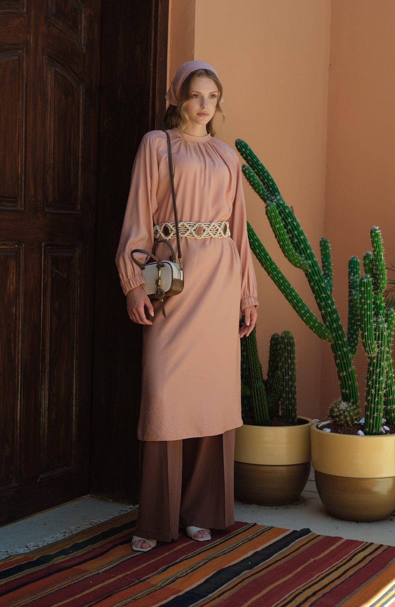Büzgülü Bağlamalı Maksi Soft Pembe Tunik - Fatma Atasoy