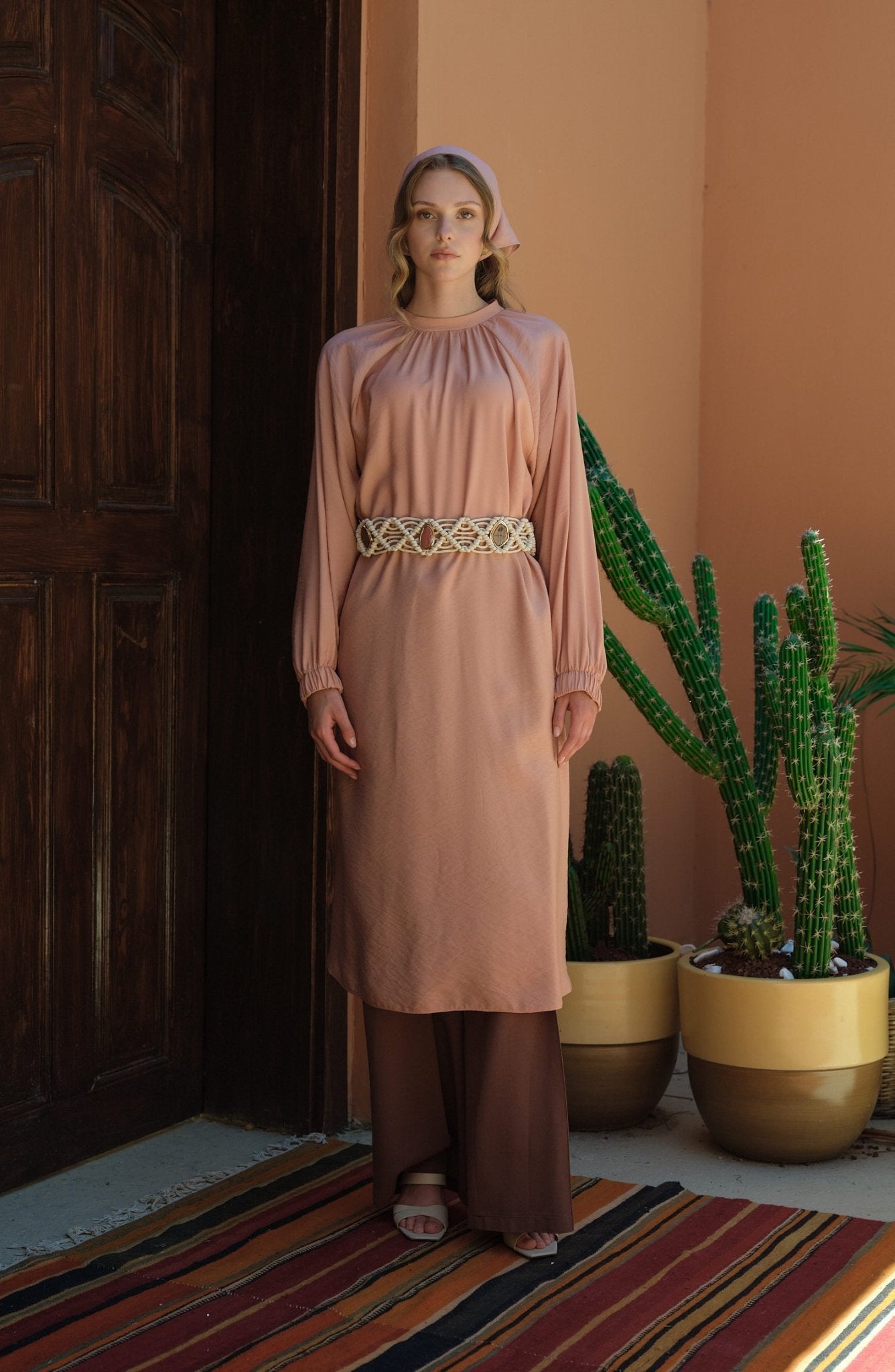 Büzgülü Bağlamalı Maksi Soft Pembe Tunik - Fatma Atasoy