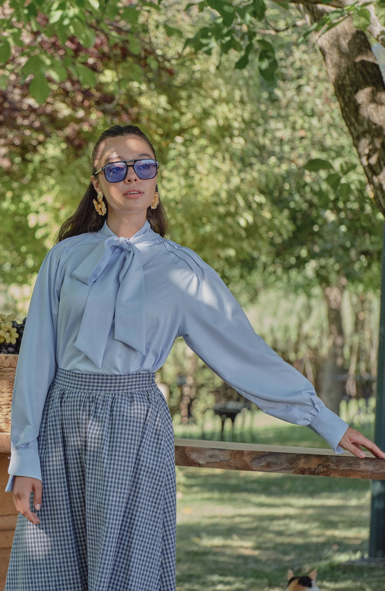 Büzgülü Lacivert Minikareli Etek - Fatma Atasoy
