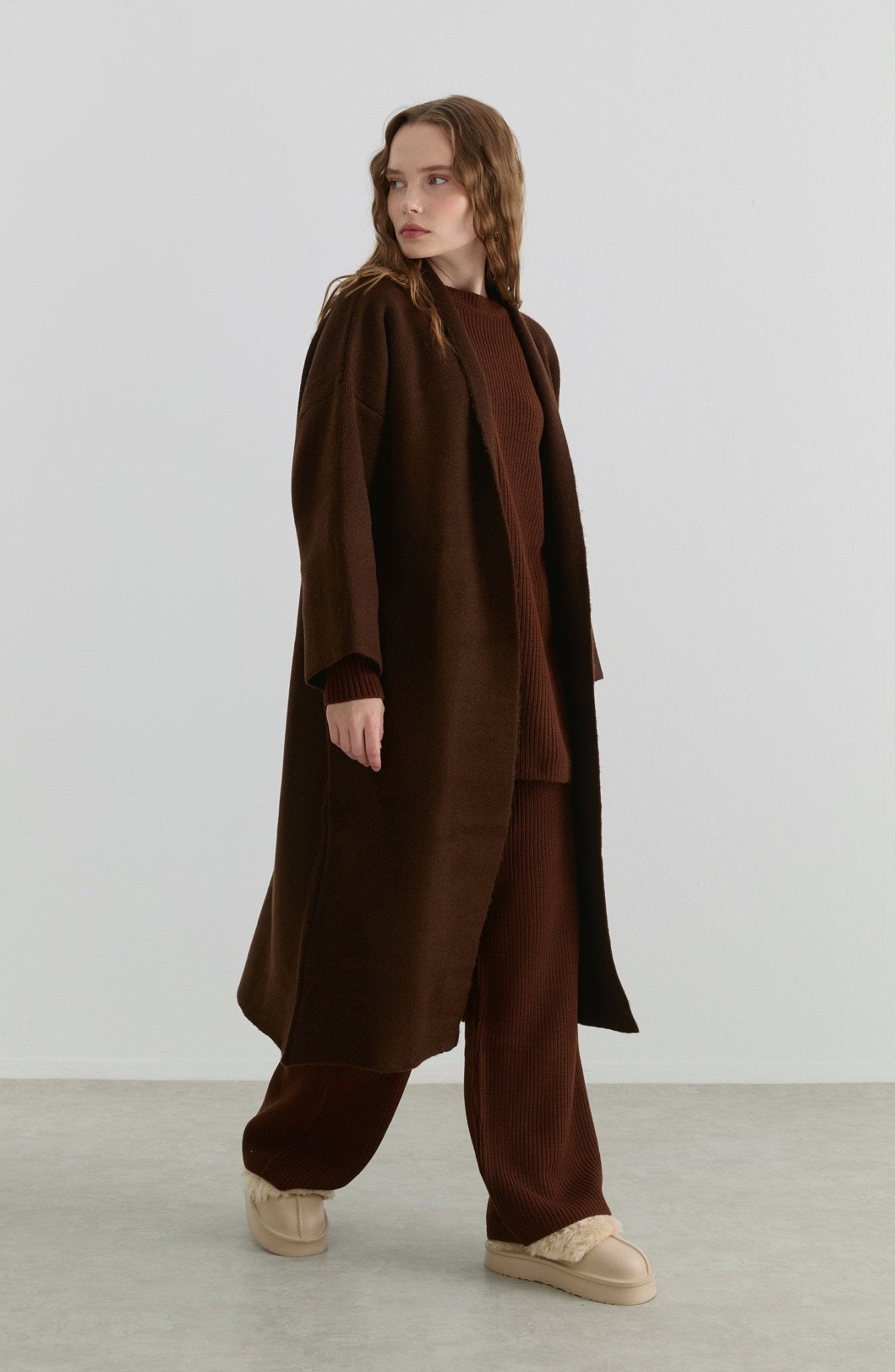 Çelik Örme Pufik Acı Kahve Triko Hırka - Fatma Atasoy