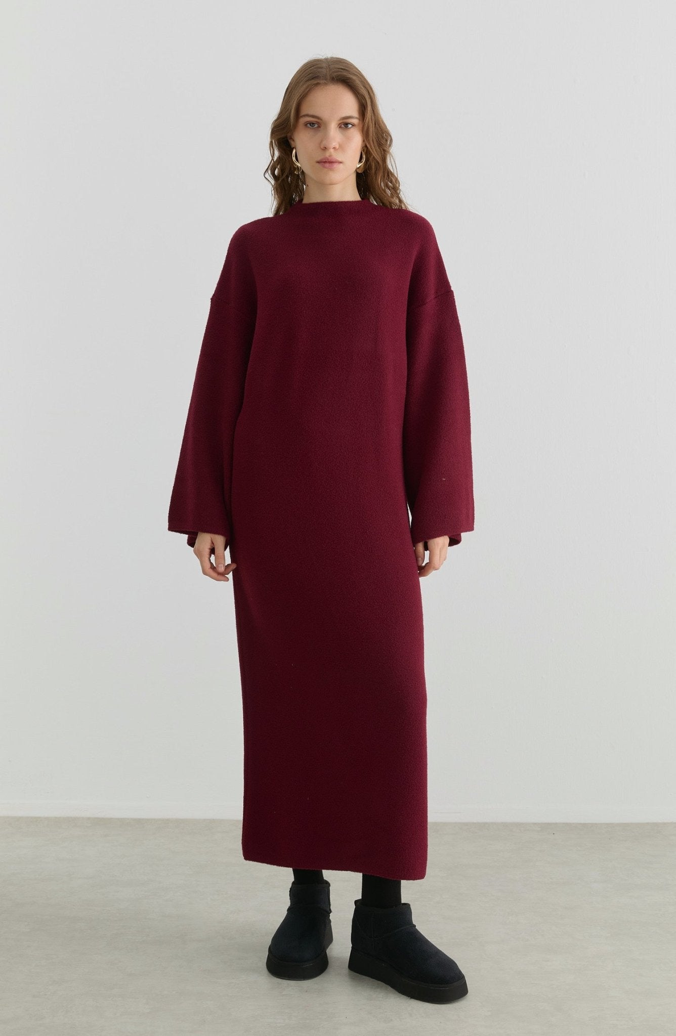 Çelik Örme Pufik Bordo Triko Elbise - Fatma Atasoy