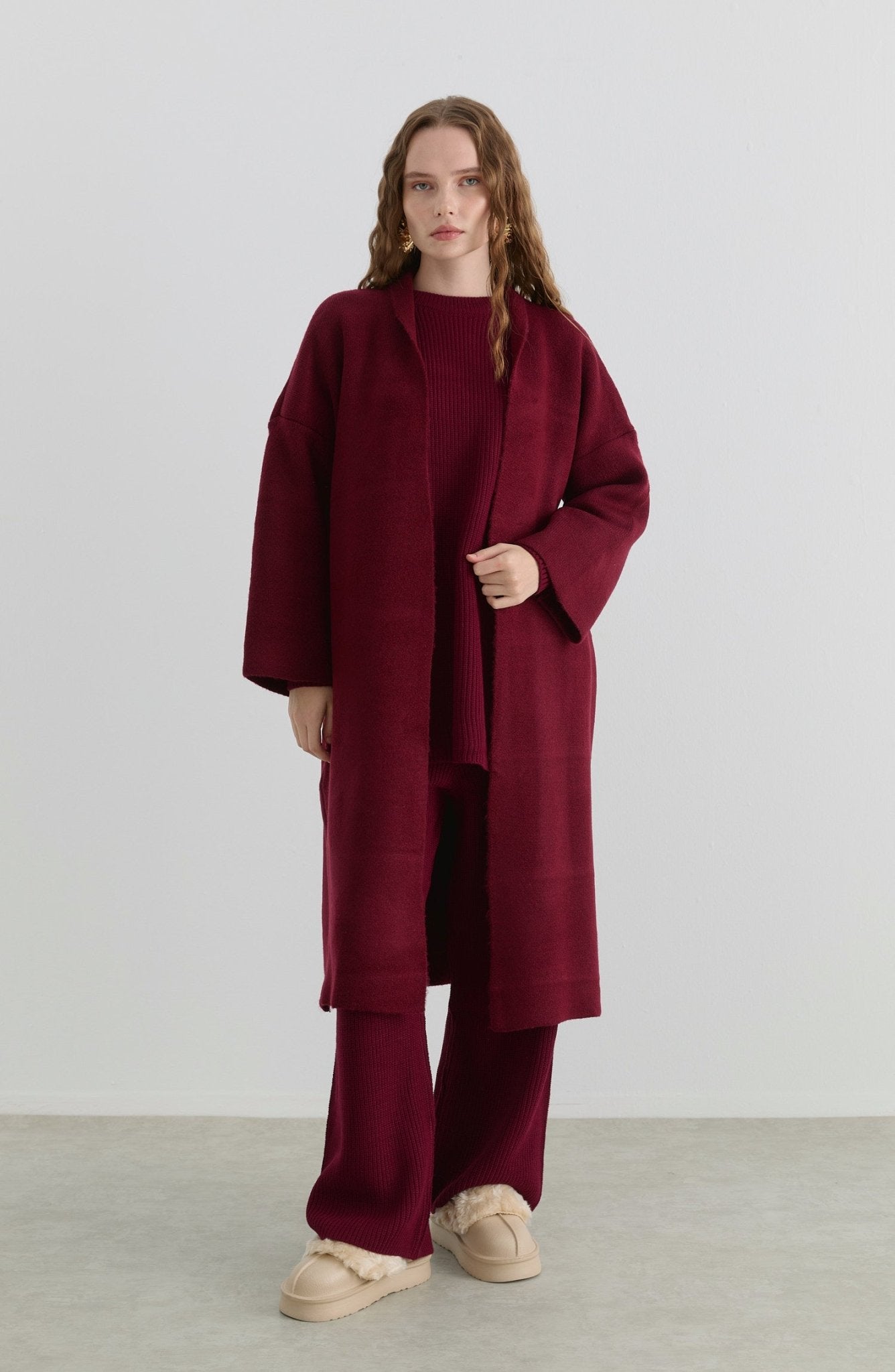 Çelik Örme Pufik Bordo Triko Hırka - Fatma Atasoy