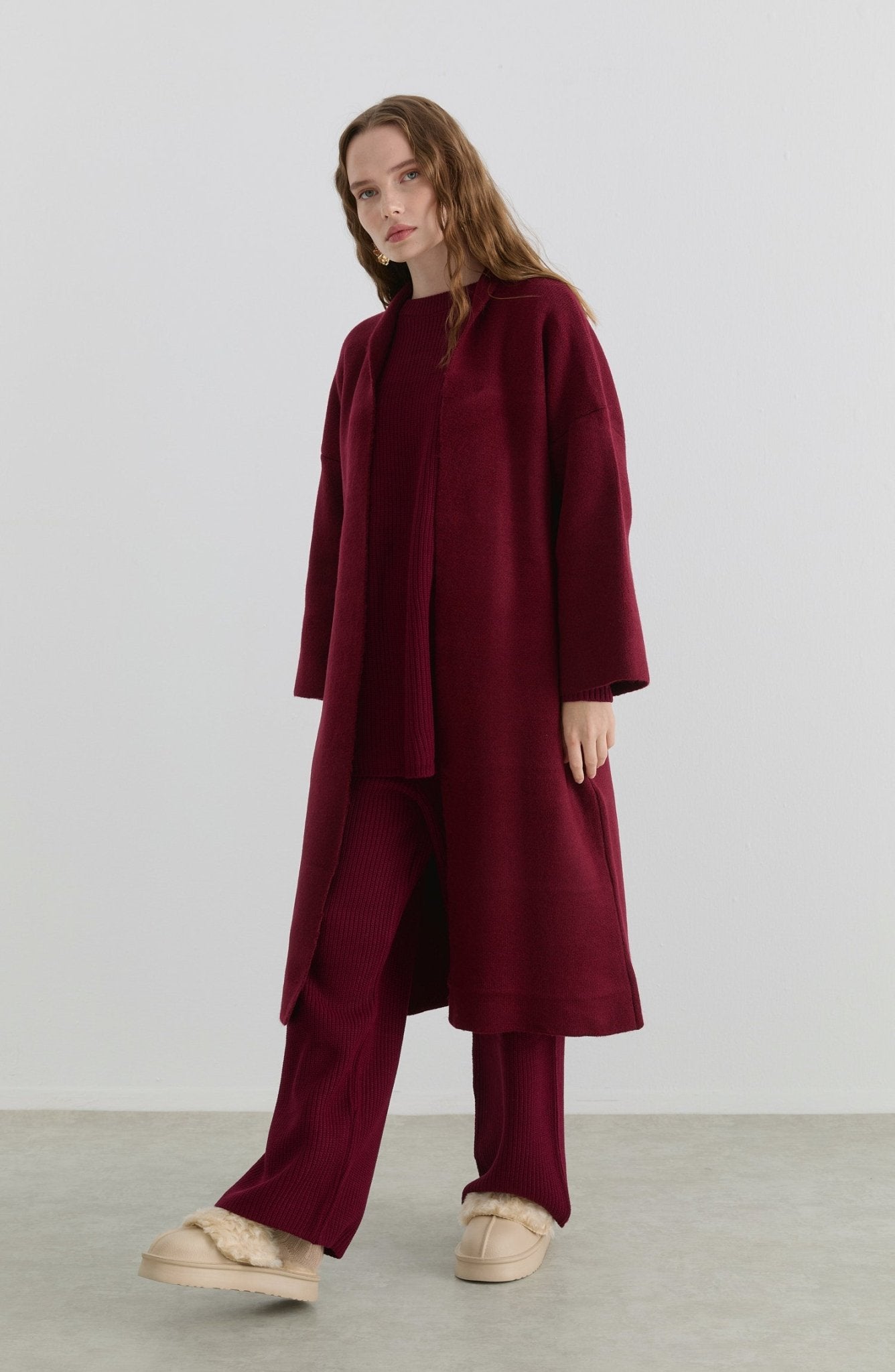 Çelik Örme Pufik Bordo Triko Hırka - Fatma Atasoy