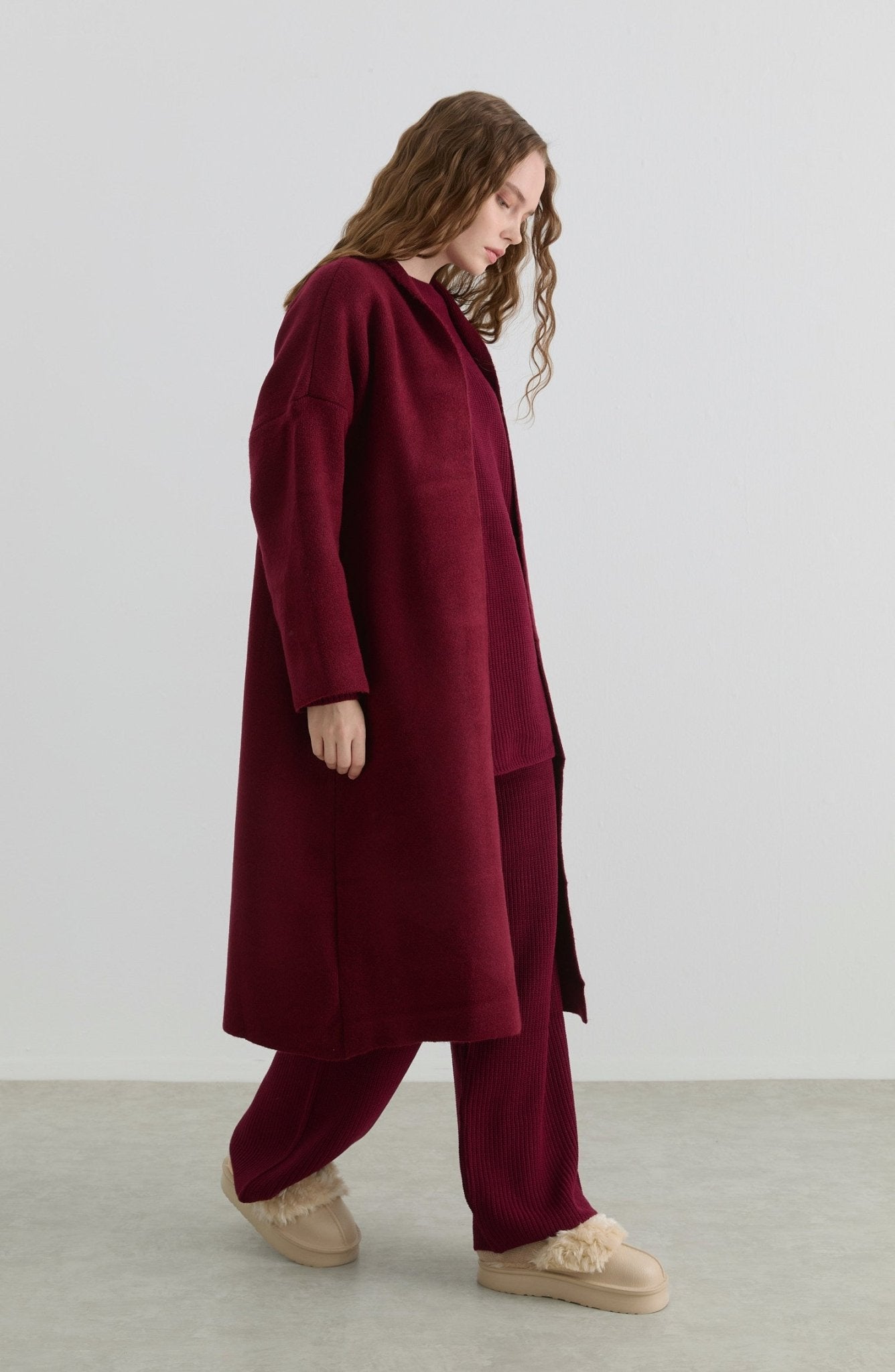 Çelik Örme Pufik Bordo Triko Hırka - Fatma Atasoy