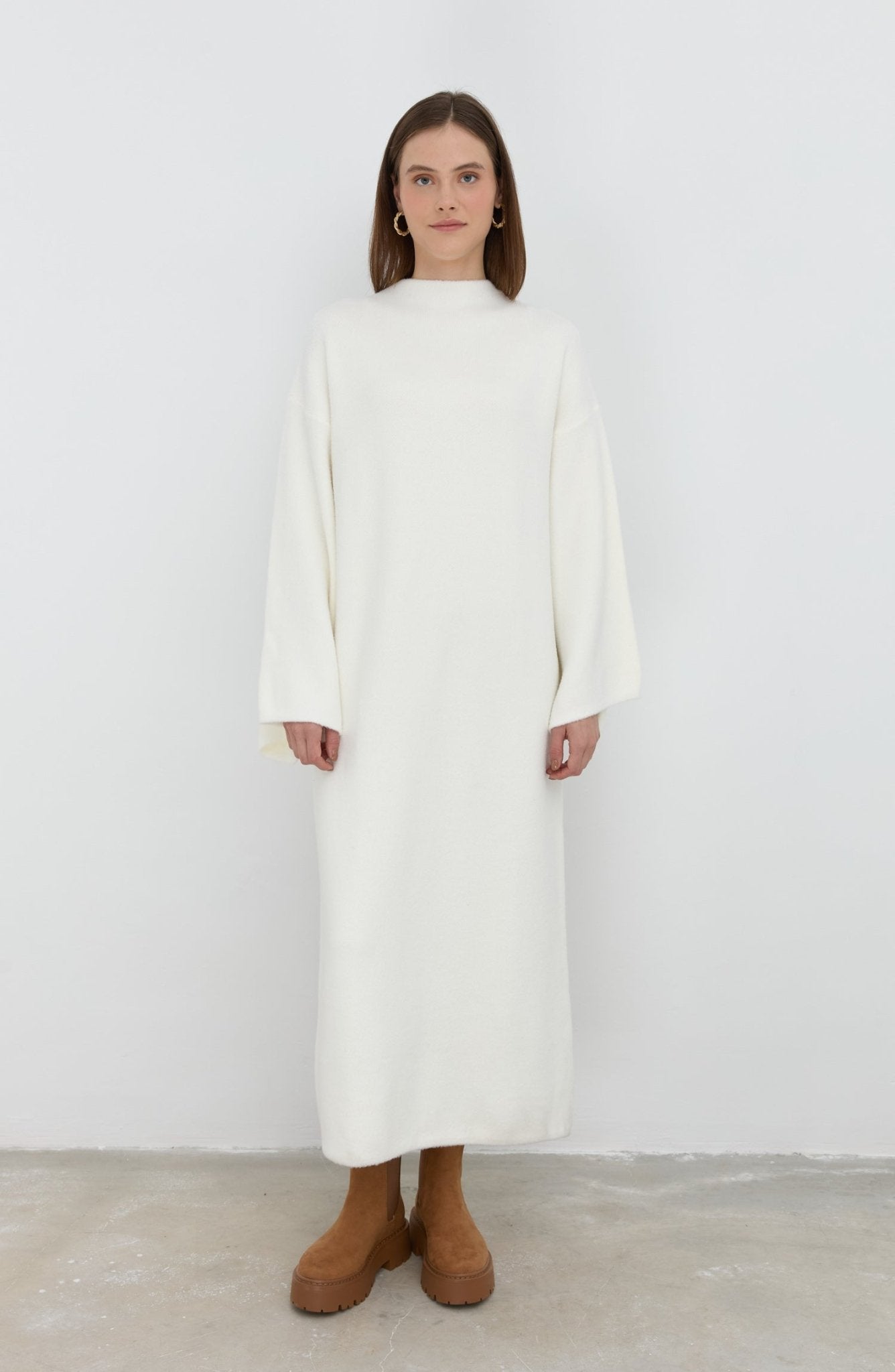 Çelik Örme Pufik Ekru Triko Elbise - Fatma Atasoy