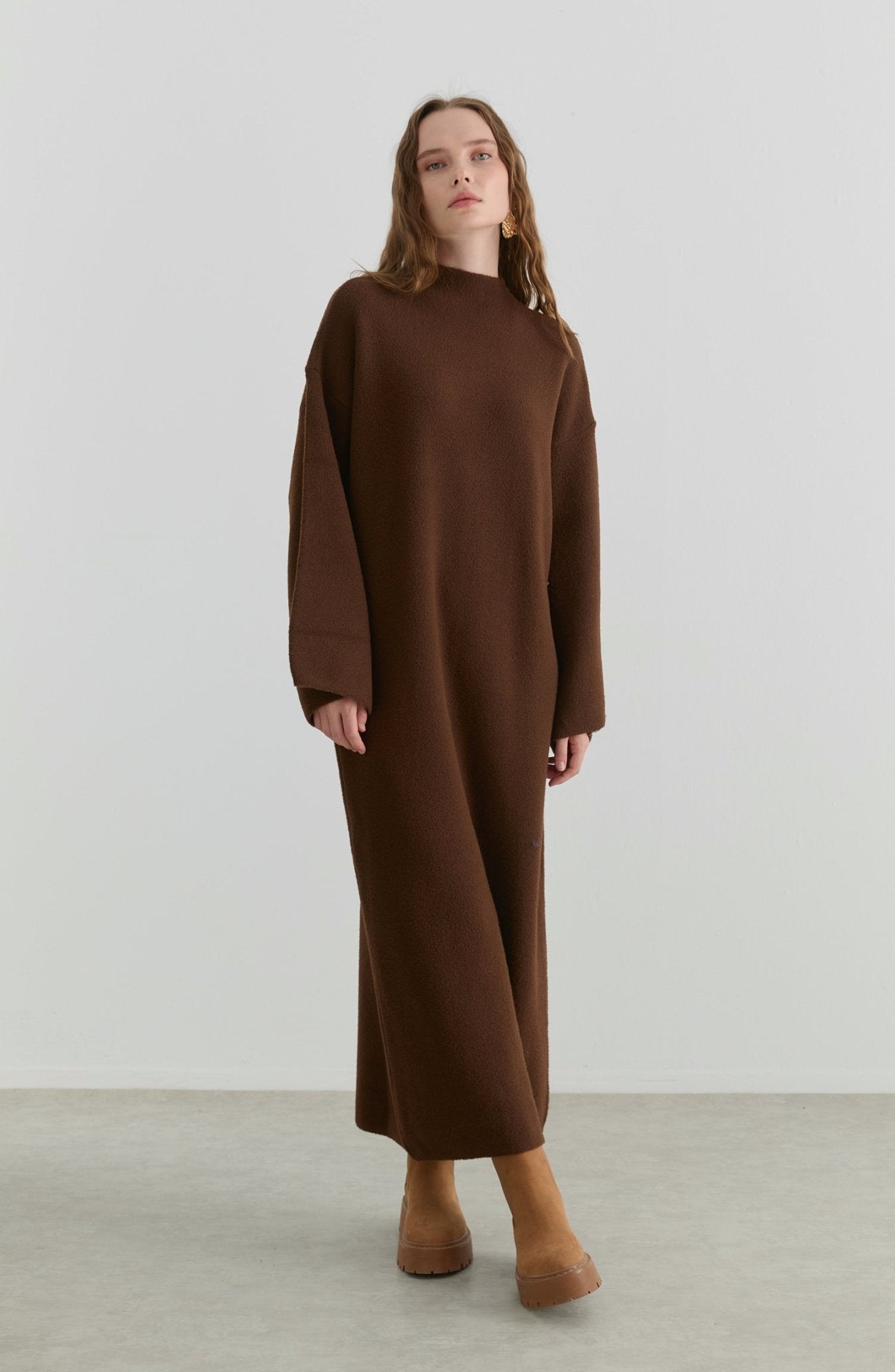 Çelik Örme Pufik Kahverengi Triko Elbise - Fatma Atasoy