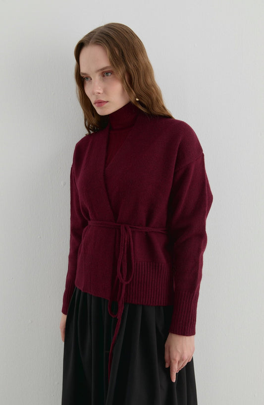 Çelik Örme V Yaka Bağlamalı Bordo Kısa Triko Hırka - Fatma Atasoy